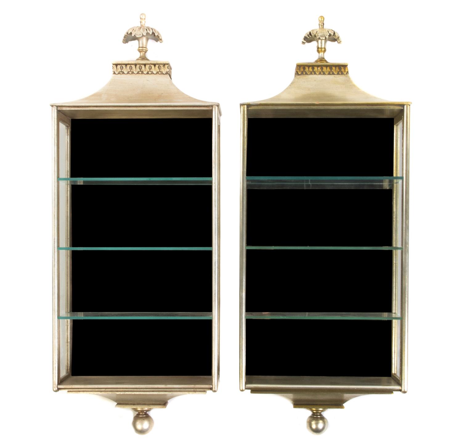 A Pair of Neoclassical Silvered Hanging Vitrines, Height overall 37 inches.