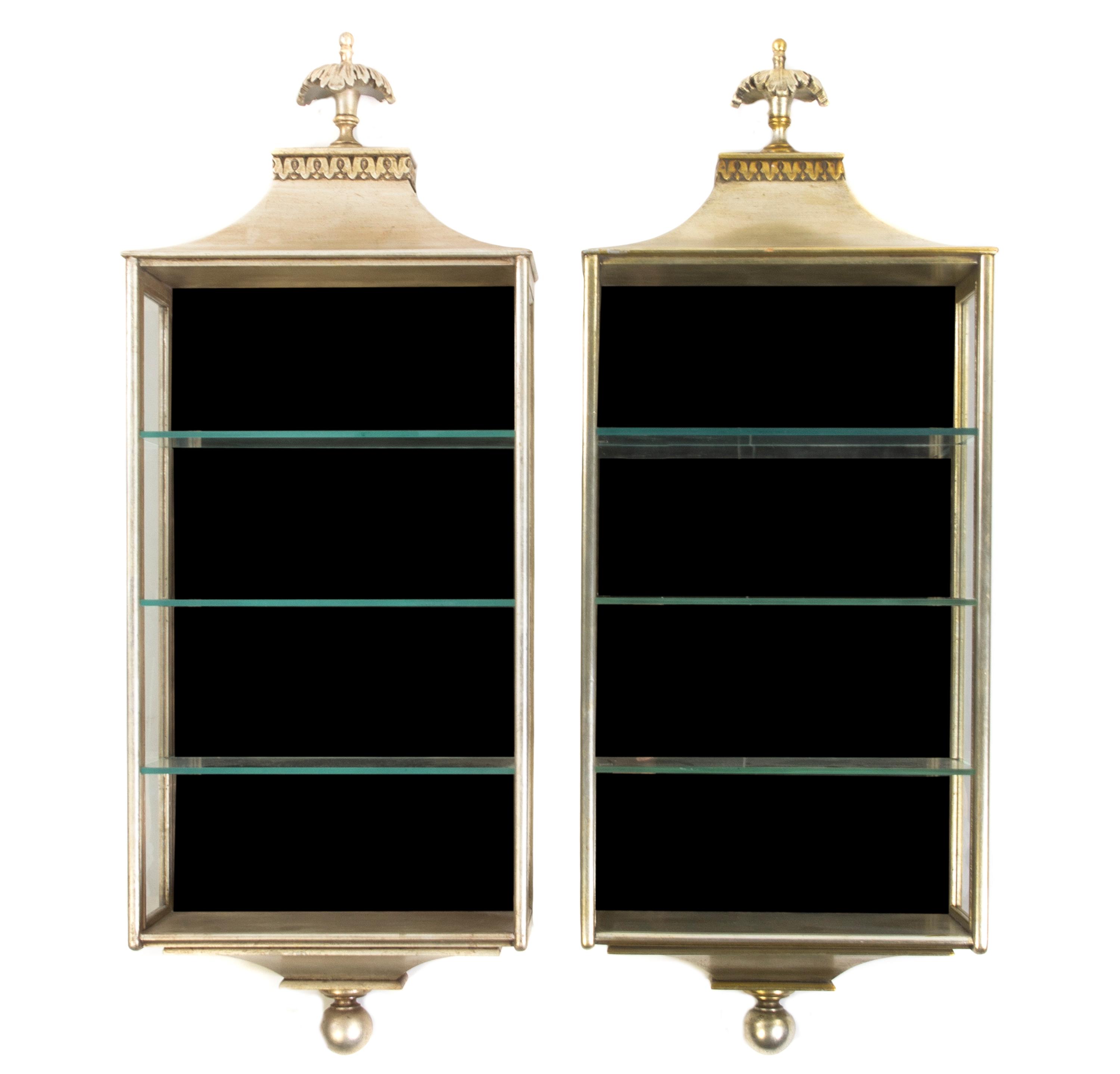A Pair of Neoclassical Silvered Hanging Vitrines, Height overall 37 inches.
