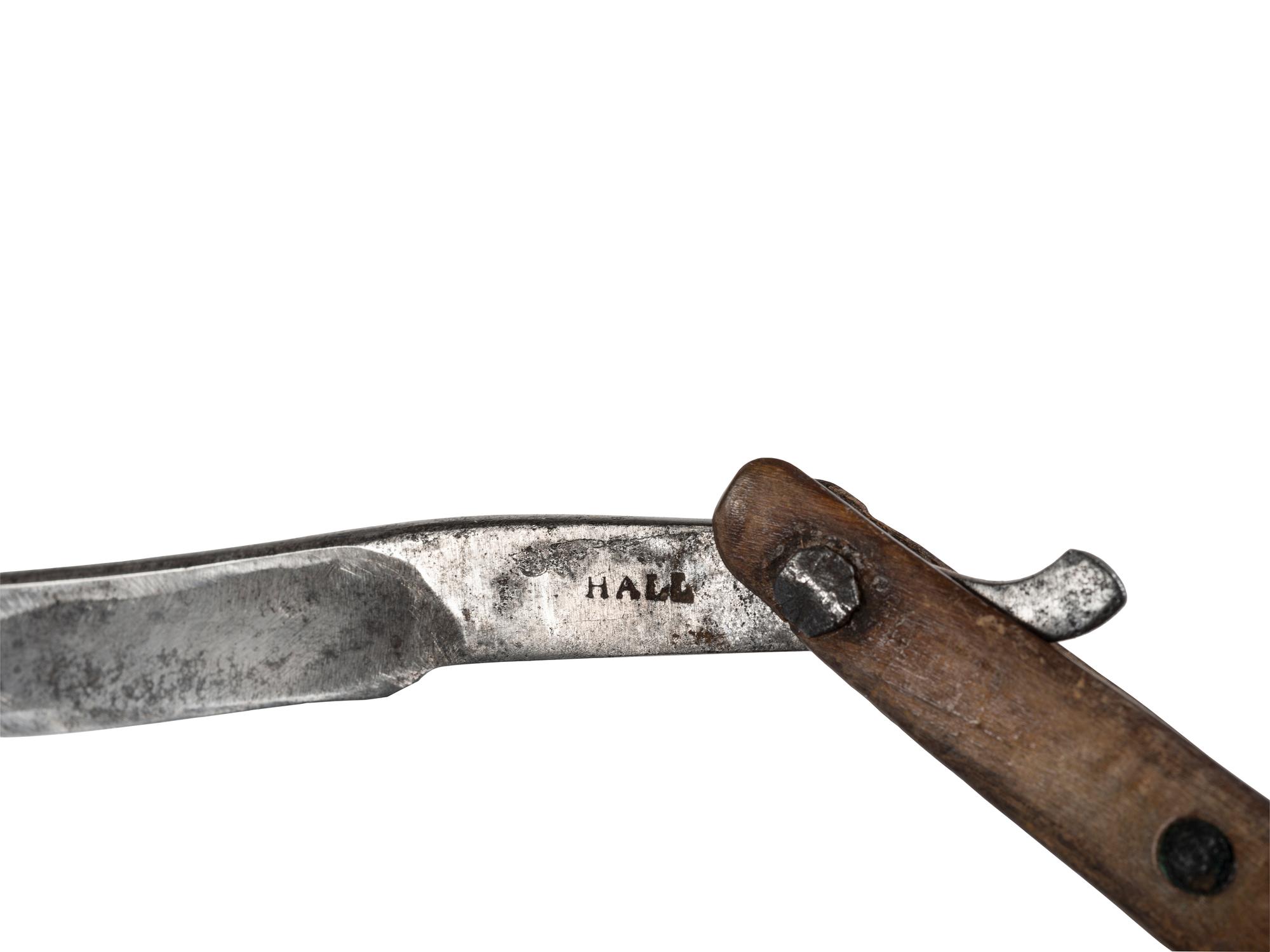 Pre-Civil War straight razor and strop. Hall, [ca 18th-early 19th century].