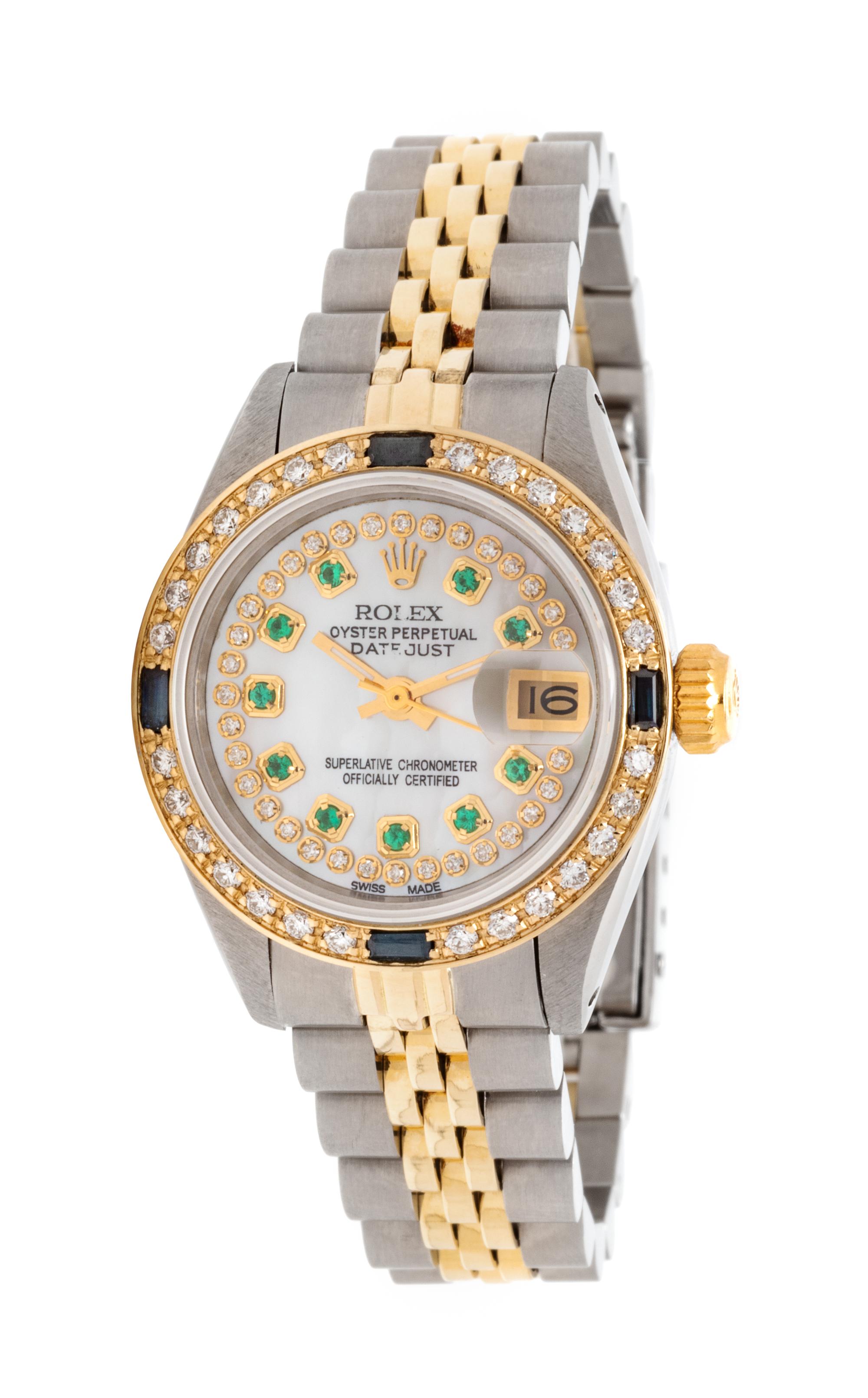 A Stainless Steel, Yellow Gold, Diamond, Emerald and Sapphire Ref. 6917 'Oyster Perpetual Datejust' Wristwatch, Rolex, 34.70 dwts.