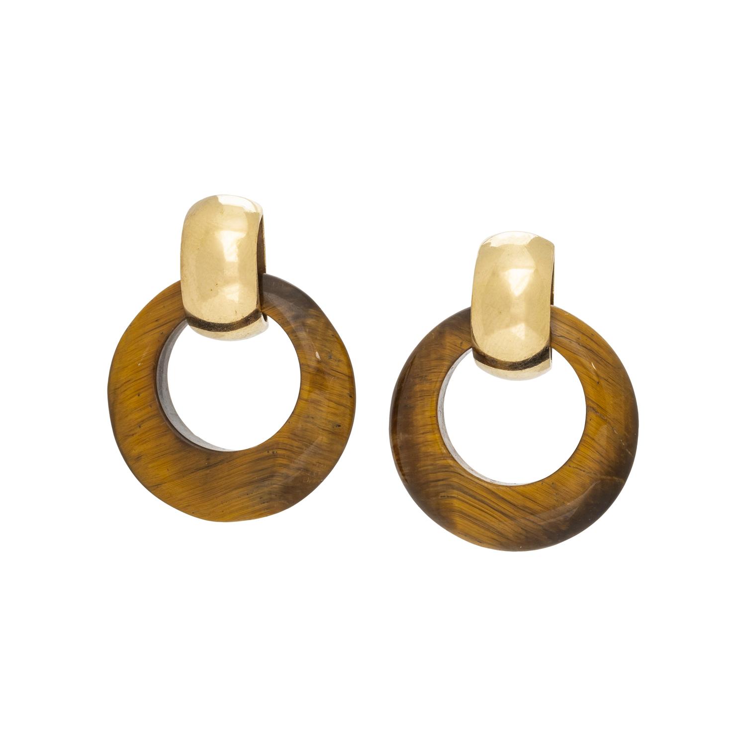 YELLOW GOLD AND TIGER'S EYE 'DOOR KNOCKER' EARRINGS