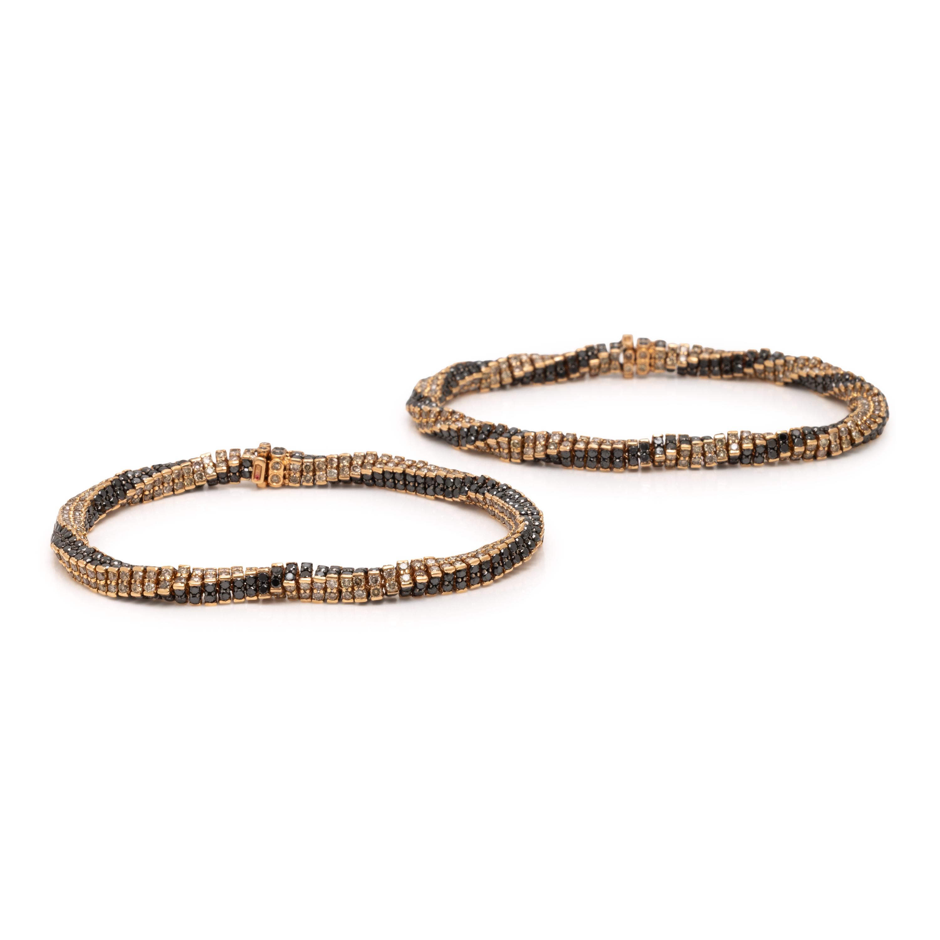 Pair of Rose Gold, Colored Diamond, and Black Diamond Twisted Bracelets