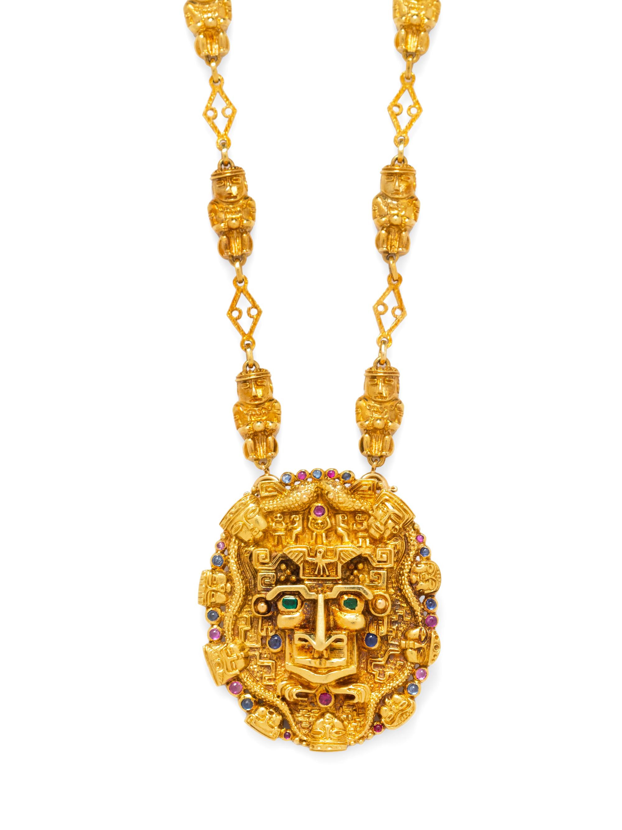 An 18 Karat Yellow Gold and Multigem Mesoamerican Motif Pendant/Brooch Necklace,