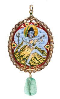 A Yellow Gold, Emerald, Diamond and Polychrome Enamel Reversible Pendant, East Indian, 30.30 dwts.