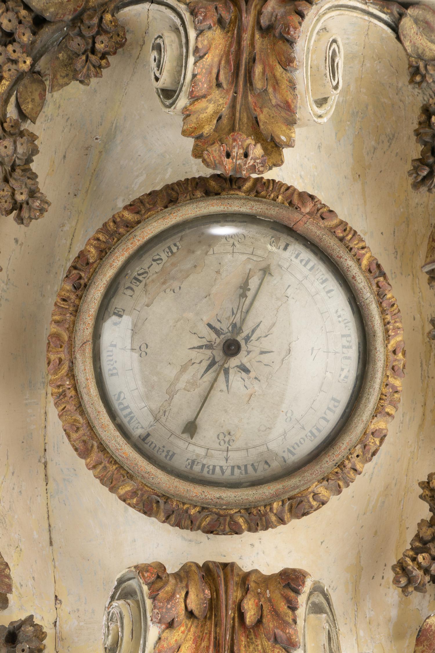 A Louis XVI Carved, Painted and Parcel Gilt Thermometer and Barometer