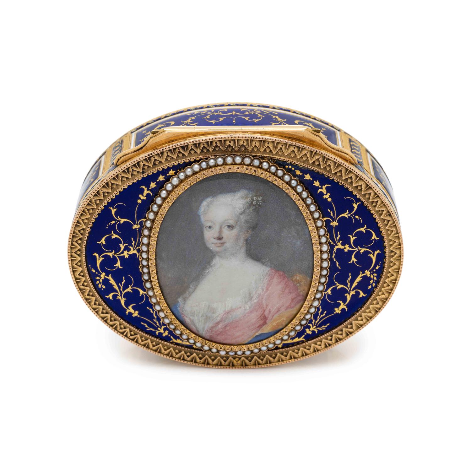 A Gold, Enamel, Seed Pearl, and Portrait-Inset Snuff Box