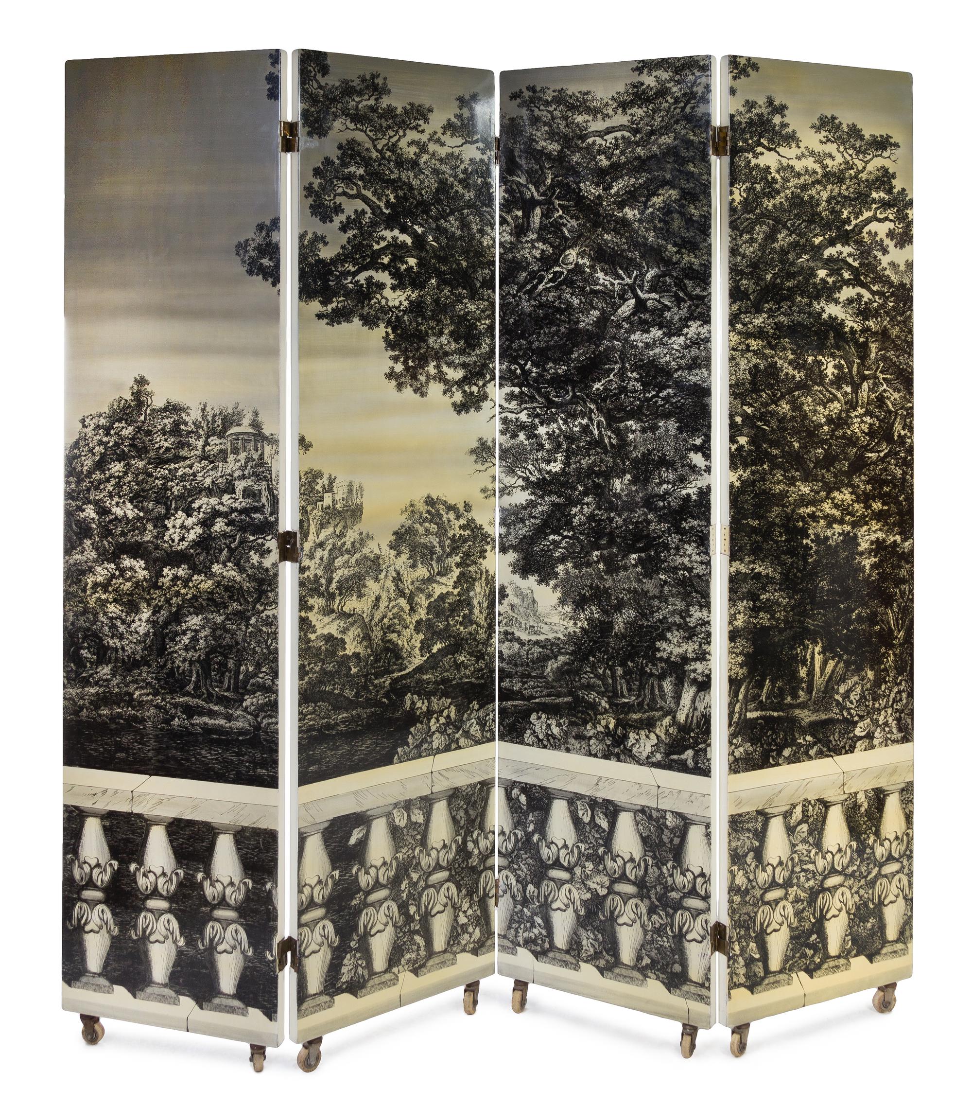 Piero Fornasetti (Italian, 1913-1988), FORNASETTI MILANO, c. 1950s, Bosco con Balaustra four-panel folding screen folding screen