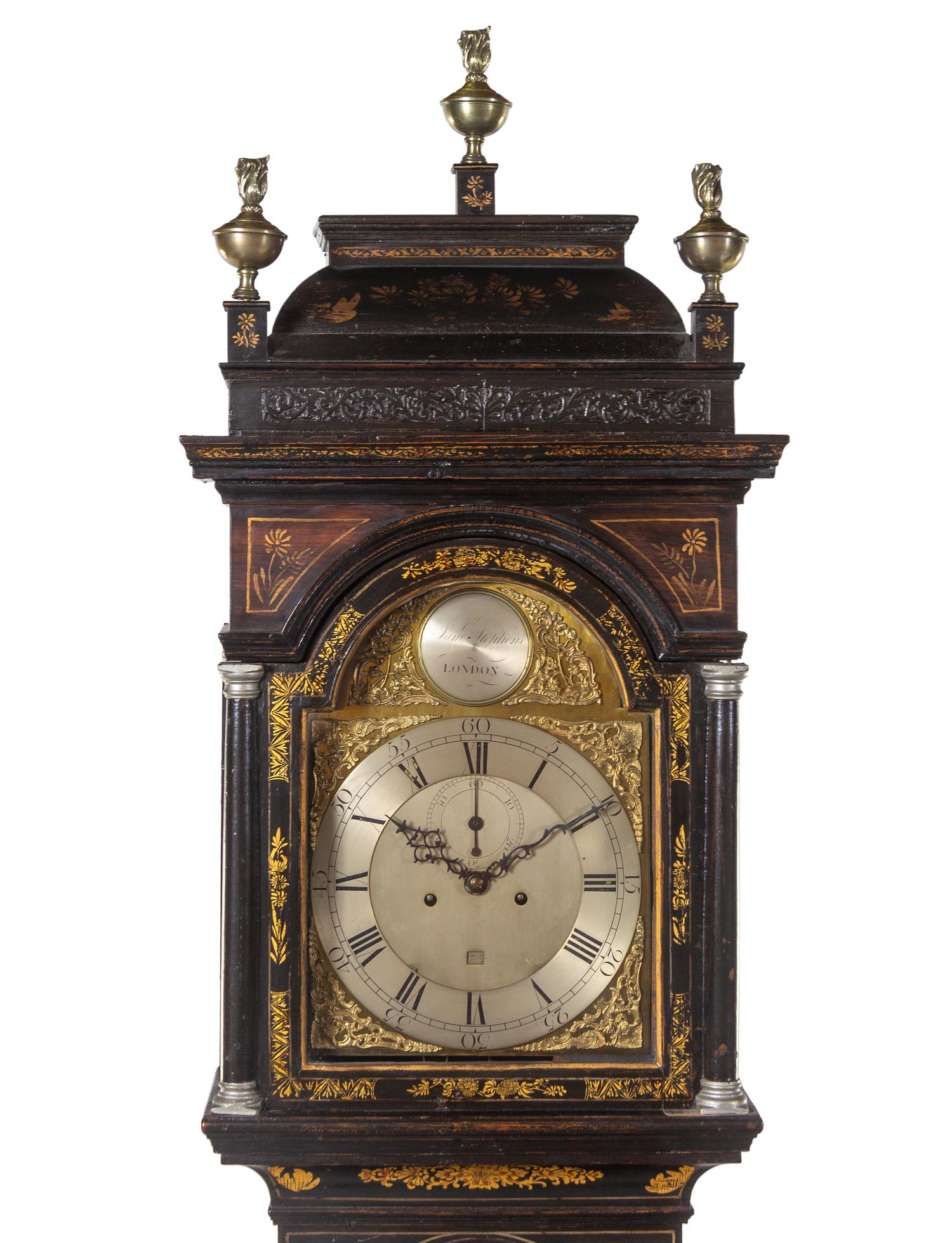 A George III Parcel Gilt and Black Lacquered Chinoiserie Decorated Tall Case Clock