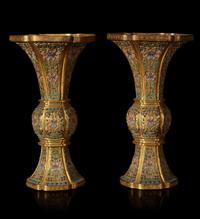 An exceptional pair of Chinese champlevé cloisonné enamel gilt metal gu-form vases 铜鎏金锤鍱珐琅花觚一对 18th/19th century ???????