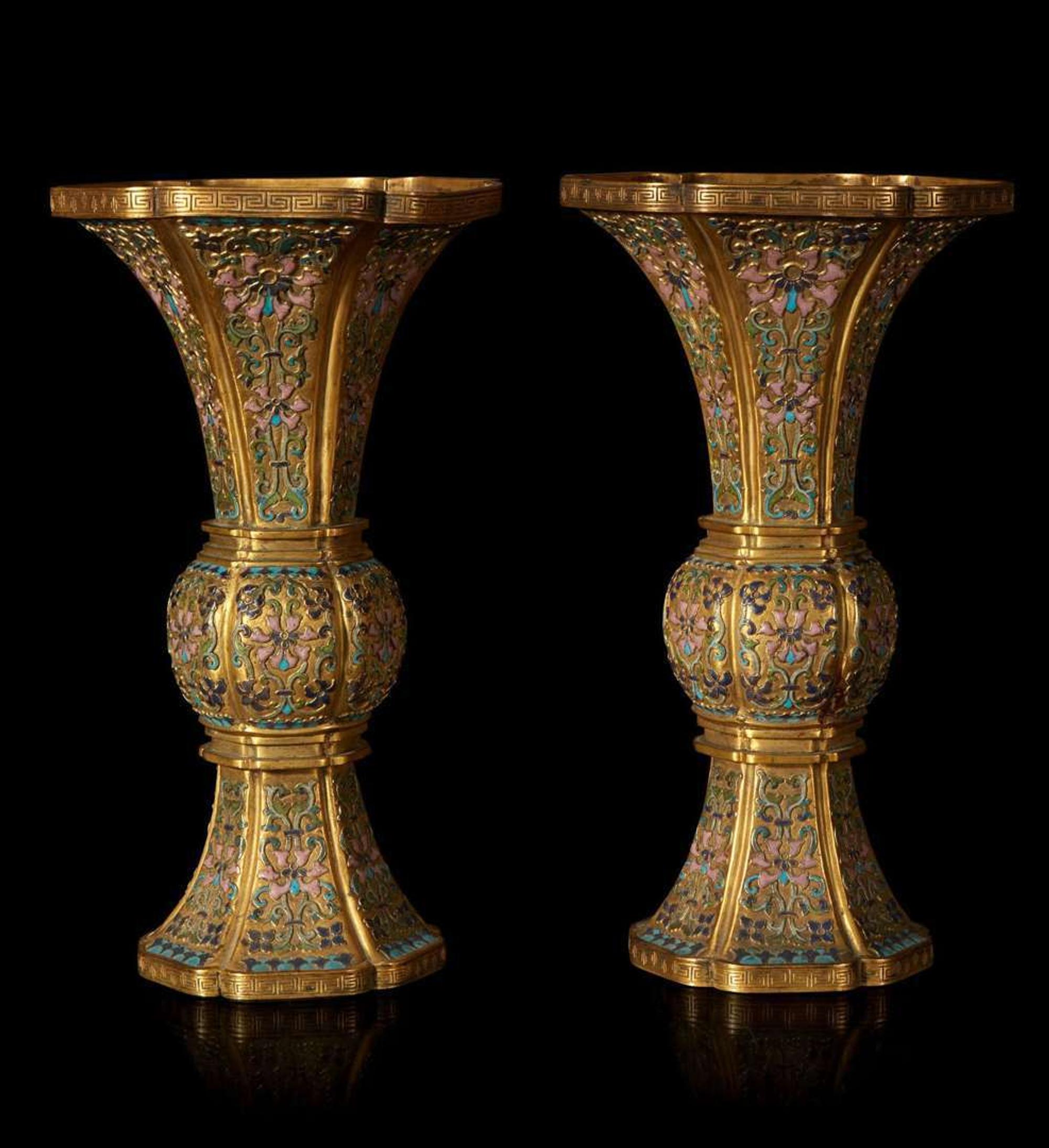 An exceptional pair of Chinese champlevé cloisonné enamel gilt metal gu-form vases 铜鎏金锤鍱珐琅花觚一对 18th/19th century ???????