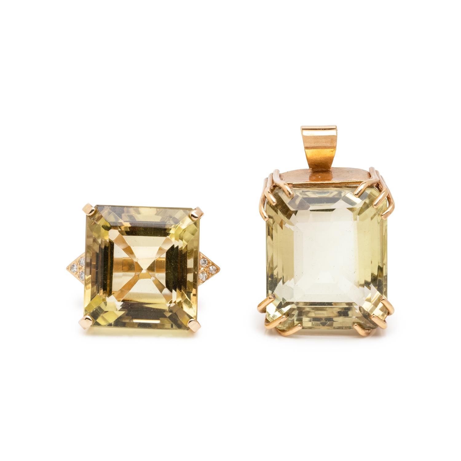 CITRINE AND YELLOW GOLD PENDANT AND RING