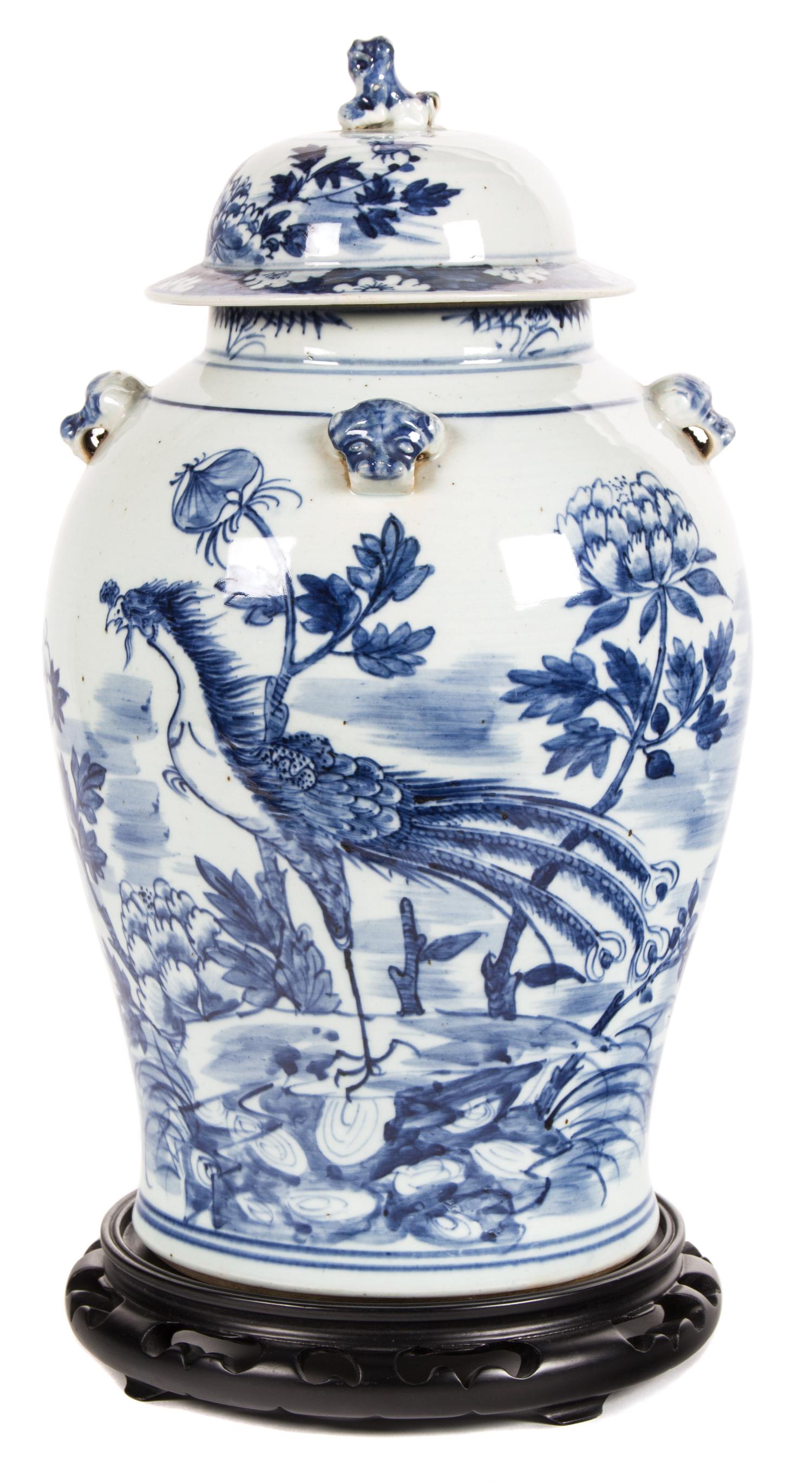 A Chinese Export Blue and White Porcelain Covered Jar Height 19 inches. — 20TH CENTURY