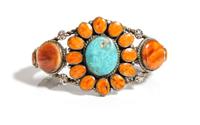A Southwestern Silver, Turquoise and Spiney Oyster Cuff Bracelet Length 5 1/2 x opening 1 3/8 x width 1 5/8 inches.