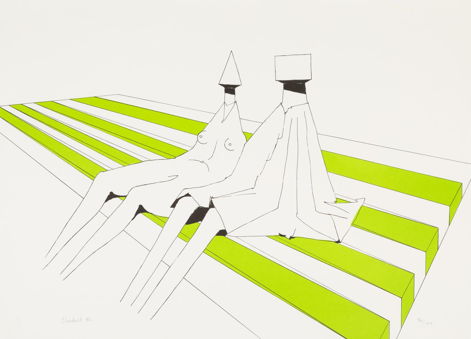 Lynn Chadwick, (English, 1914-2003), A group of three works: Two Sitting Figures on Stripes, Two Sitting Figures on Stripes I, and Two