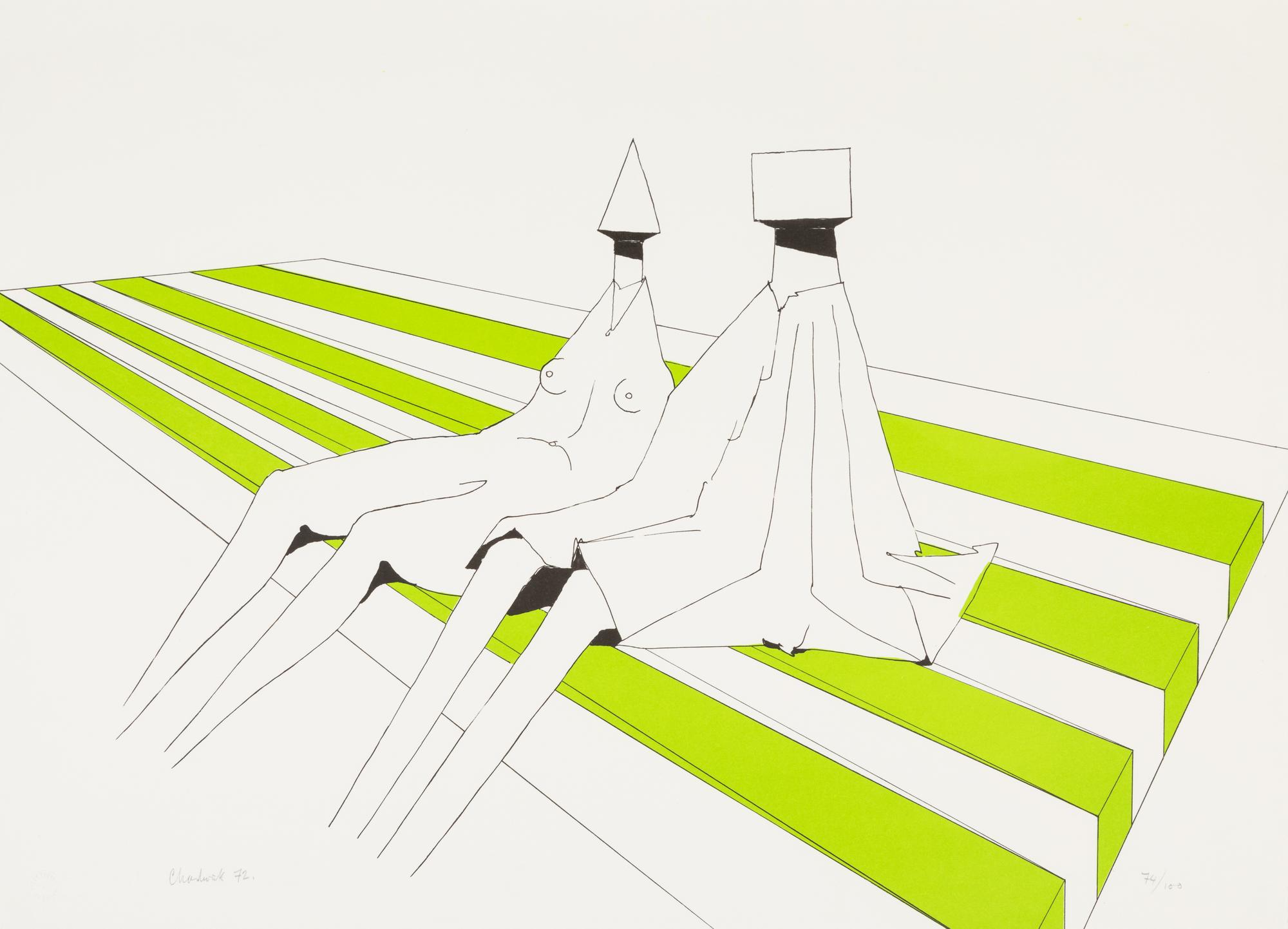 Lynn Chadwick, (English, 1914-2003), A group of three works: Two Sitting Figures on Stripes, Two Sitting Figures on Stripes I, and Two