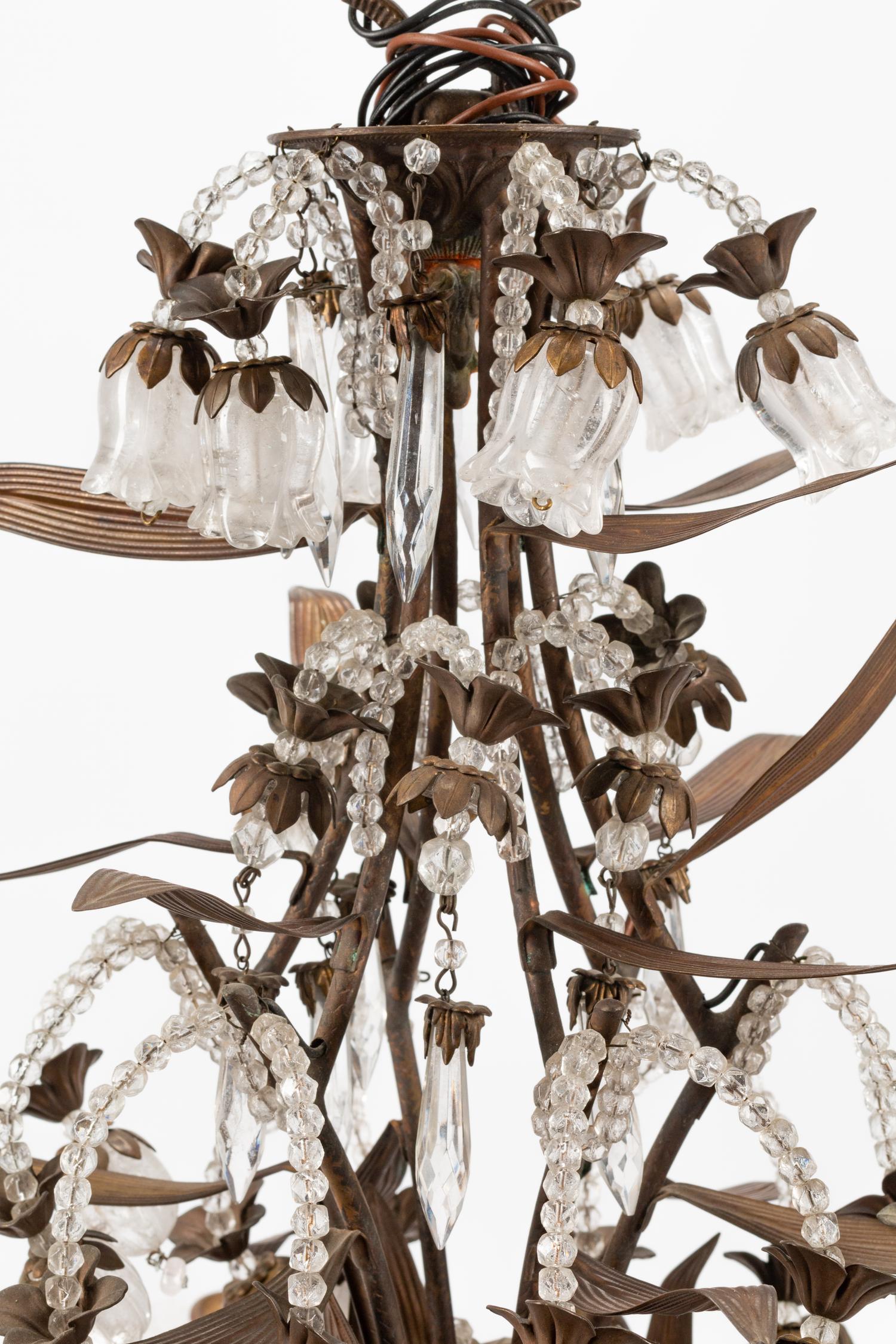 A French Bronze Chandelier with Rock Crystal, Amethyst and Rose Quartz Prisms
