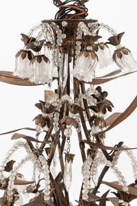 A French Bronze Chandelier with Rock Crystal, Amethyst and Rose Quartz Prisms