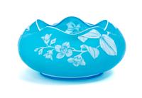 English, LATE 19TH CENTURY, a cameo glass bowl, of low form with crimped rim, decorated with flowering leafy branches