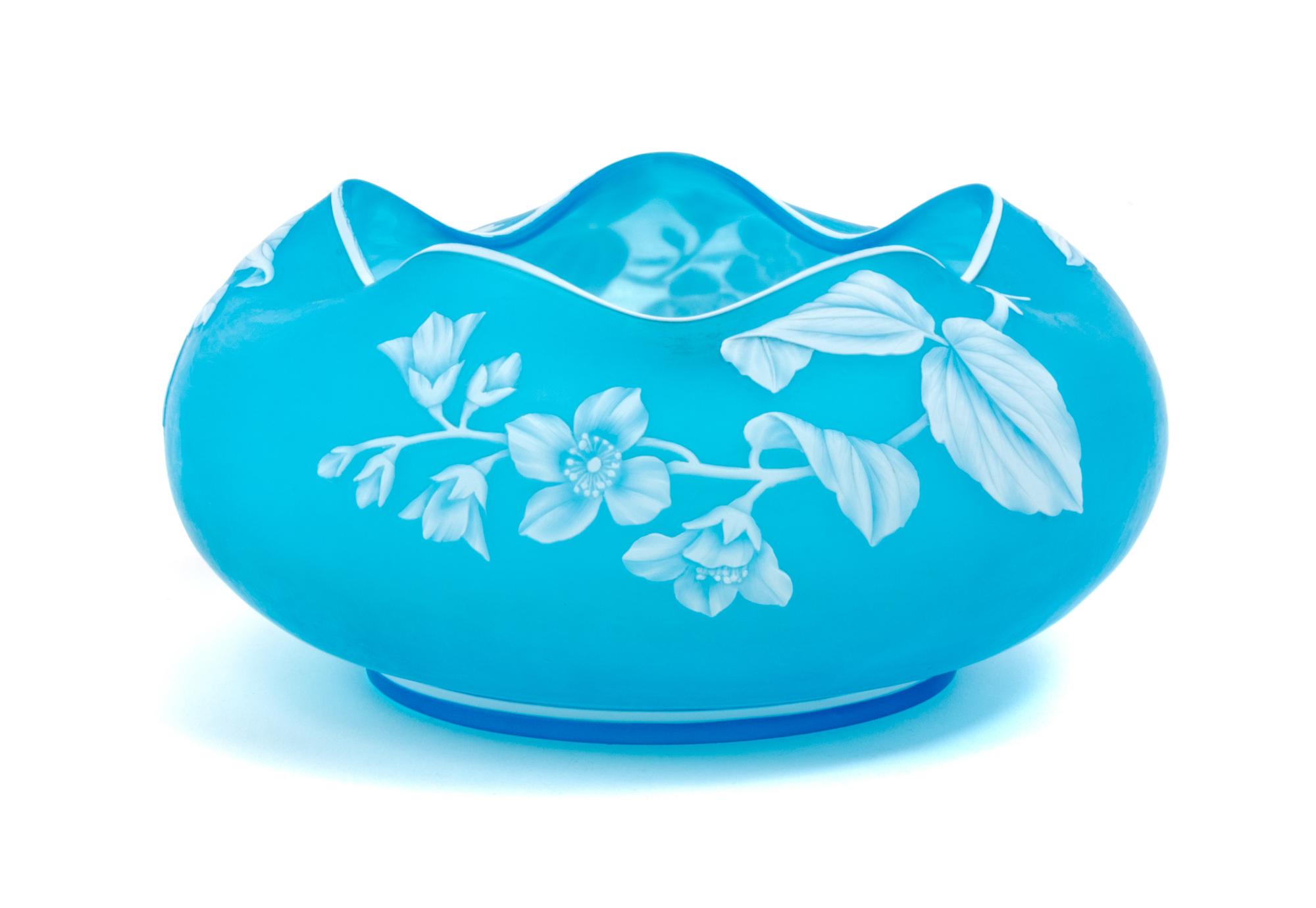 English, LATE 19TH CENTURY, a cameo glass bowl, of low form with crimped rim, decorated with flowering leafy branches