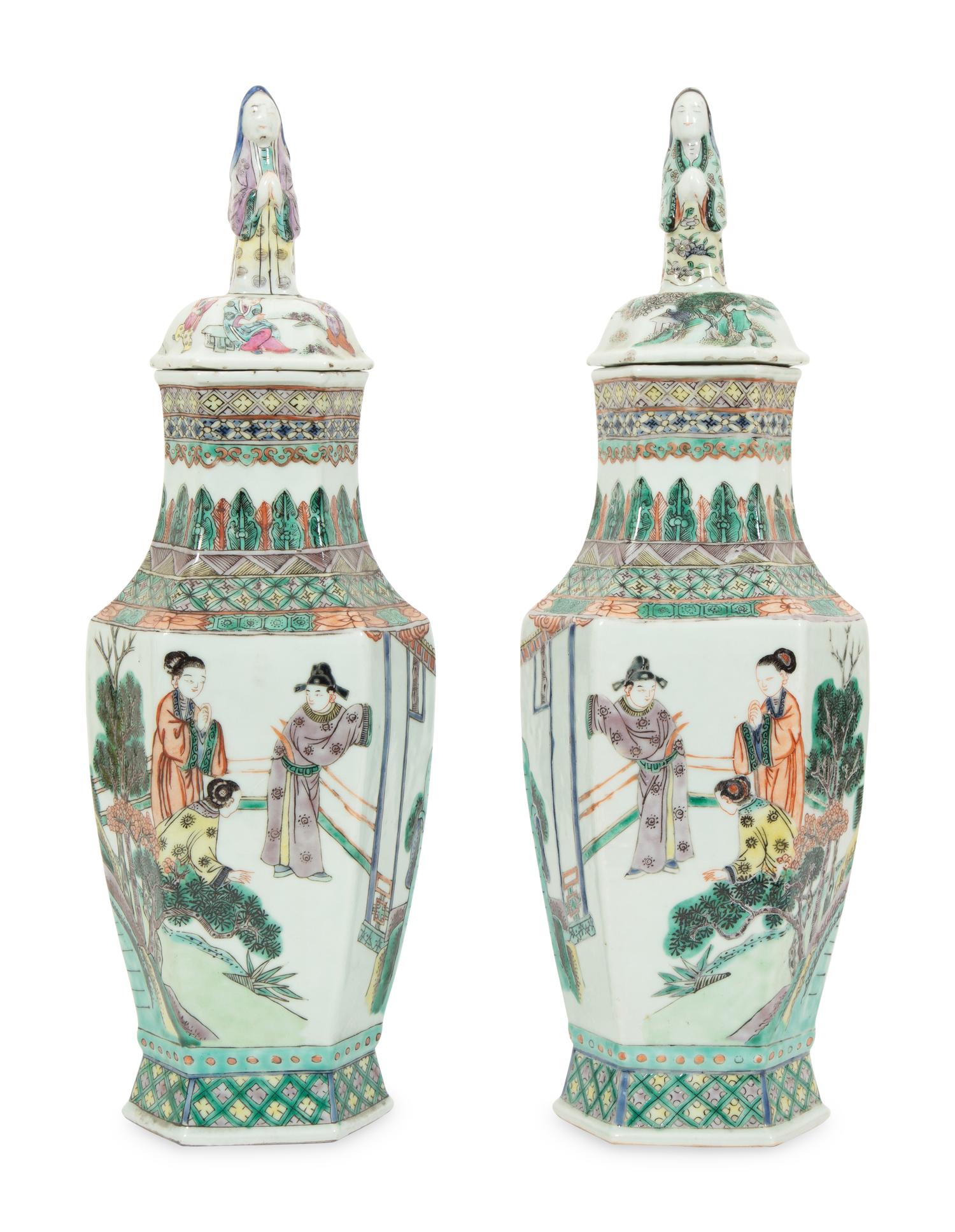 A Pair of Chinese Famille Verde Porcelain Lidded Vases
