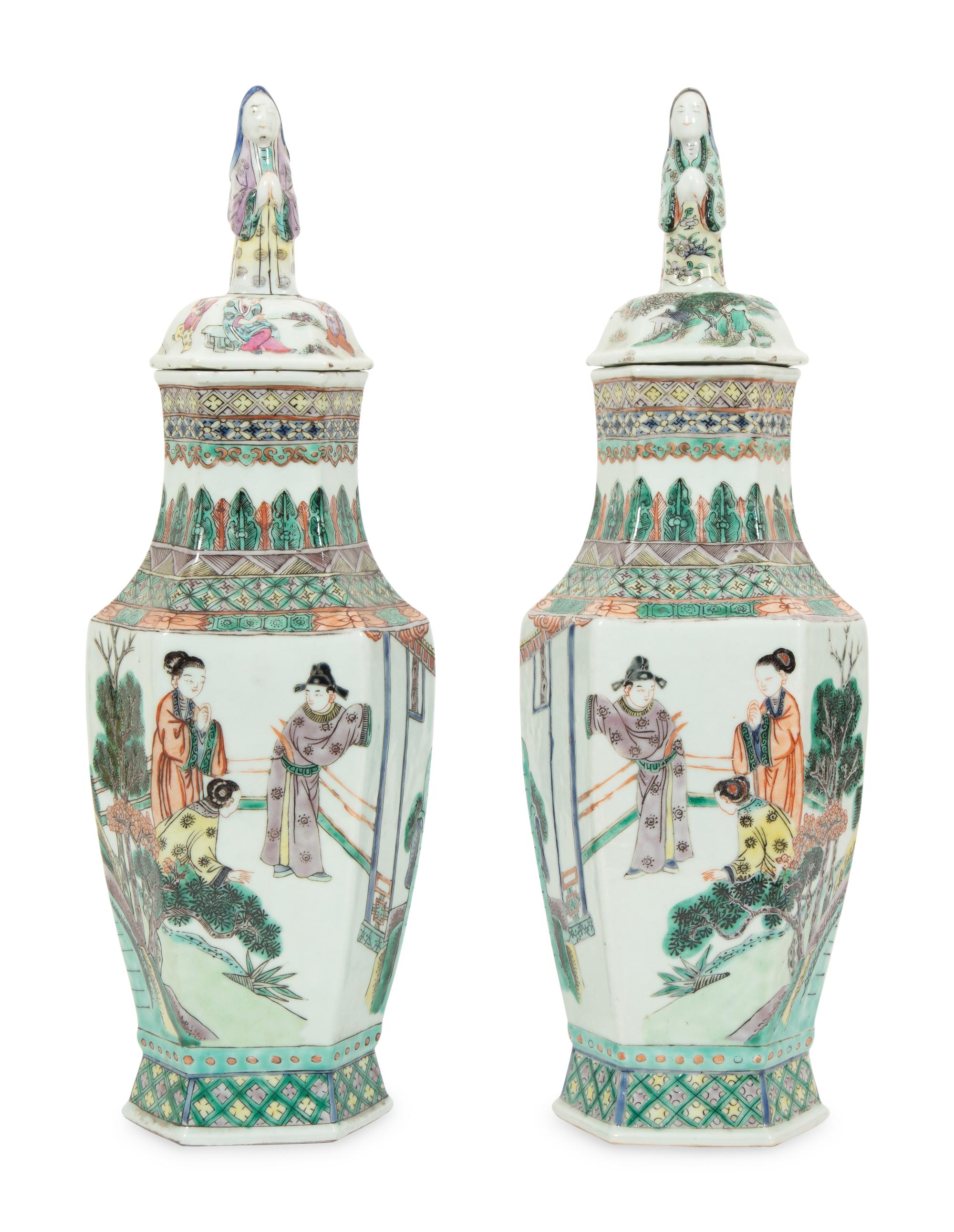 A Pair of Chinese Famille Verde Porcelain Lidded Vases