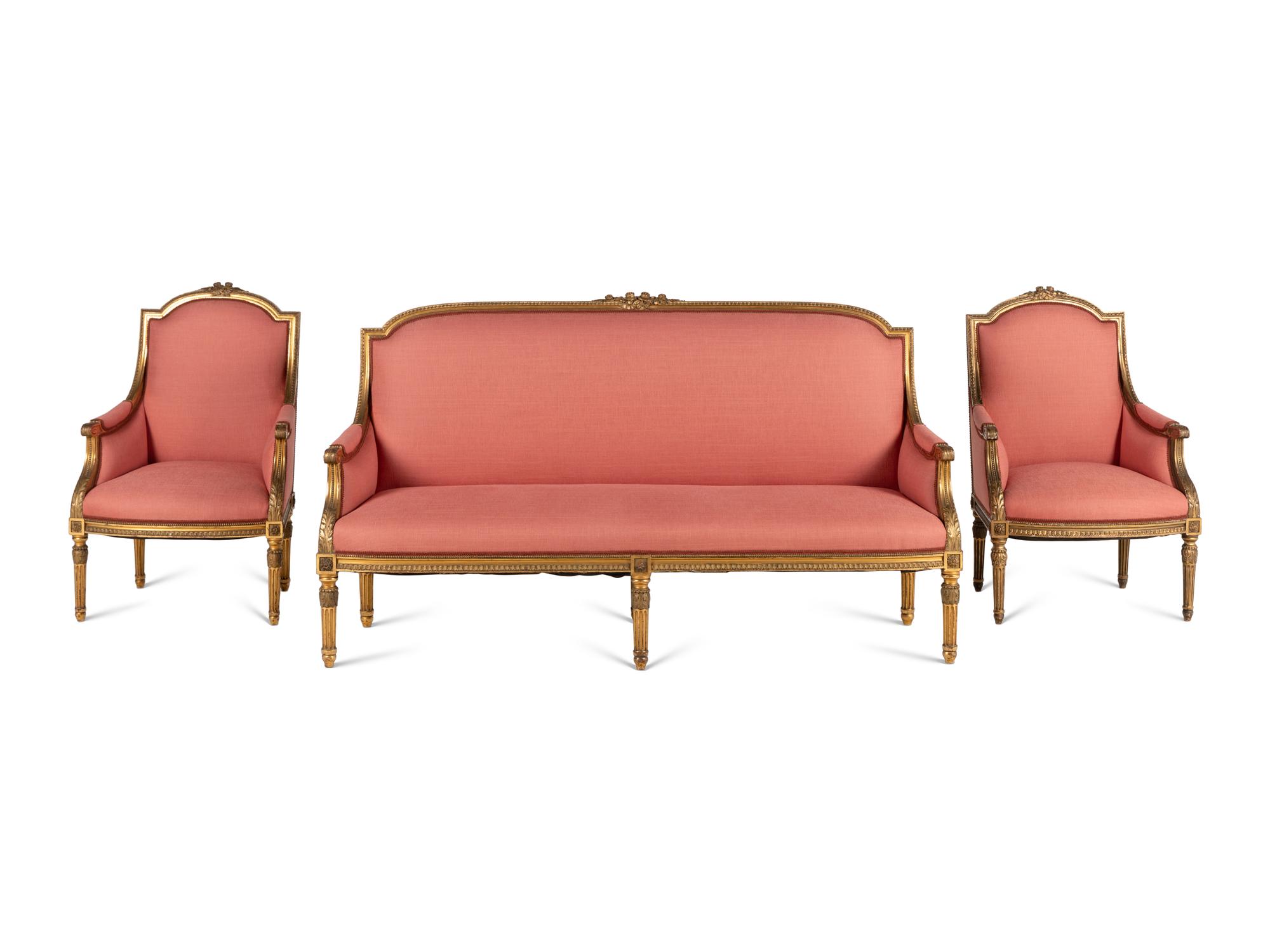 A Louis XVI Style Giltwood Three-Piece Seating Suite