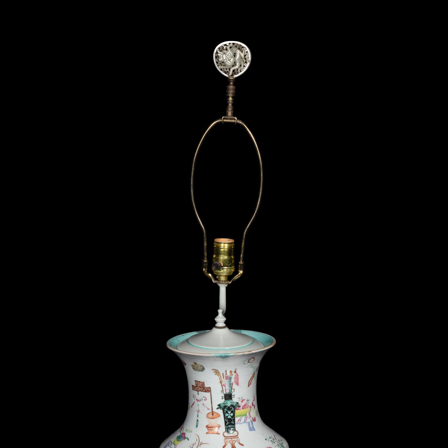 A Pair of Chinese Famille Rose Porcelain 'Hundred Antiques' Vases, 19th Century 清晚期 粉彩貼塑博古圖賞瓶一對
