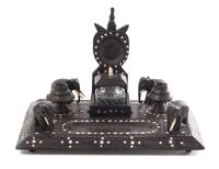 An Inlaid Ebony Inkstand Height 5 7/8 x width 8 5/8 x depth 5 3/4 inches.