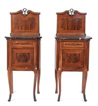 A Pair of Transitional Style Parquetry Bedside Tables Height 47 x width 19 x depth 16 1/2 inches. — 20TH CENTURY