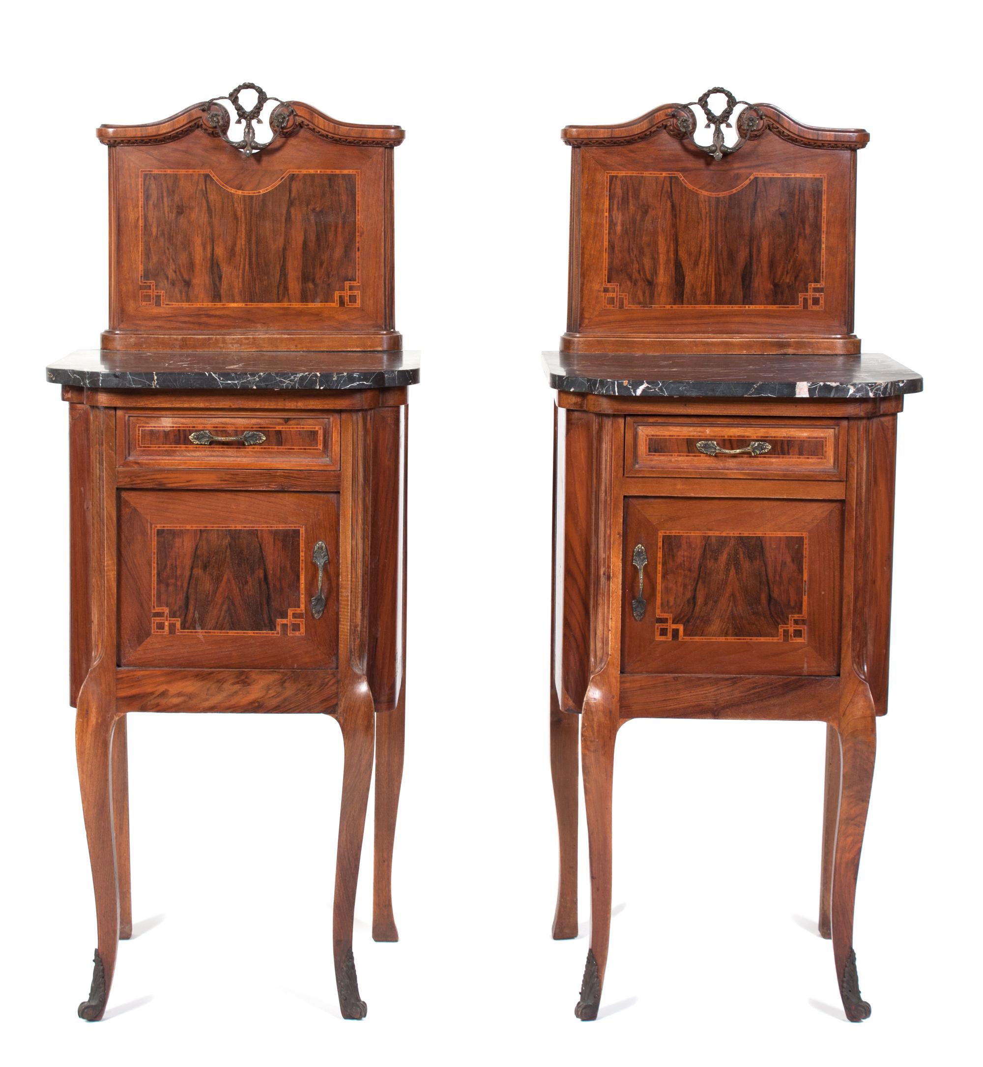 A Pair of Transitional Style Parquetry Bedside Tables Height 47 x width 19 x depth 16 1/2 inches. — 20TH CENTURY