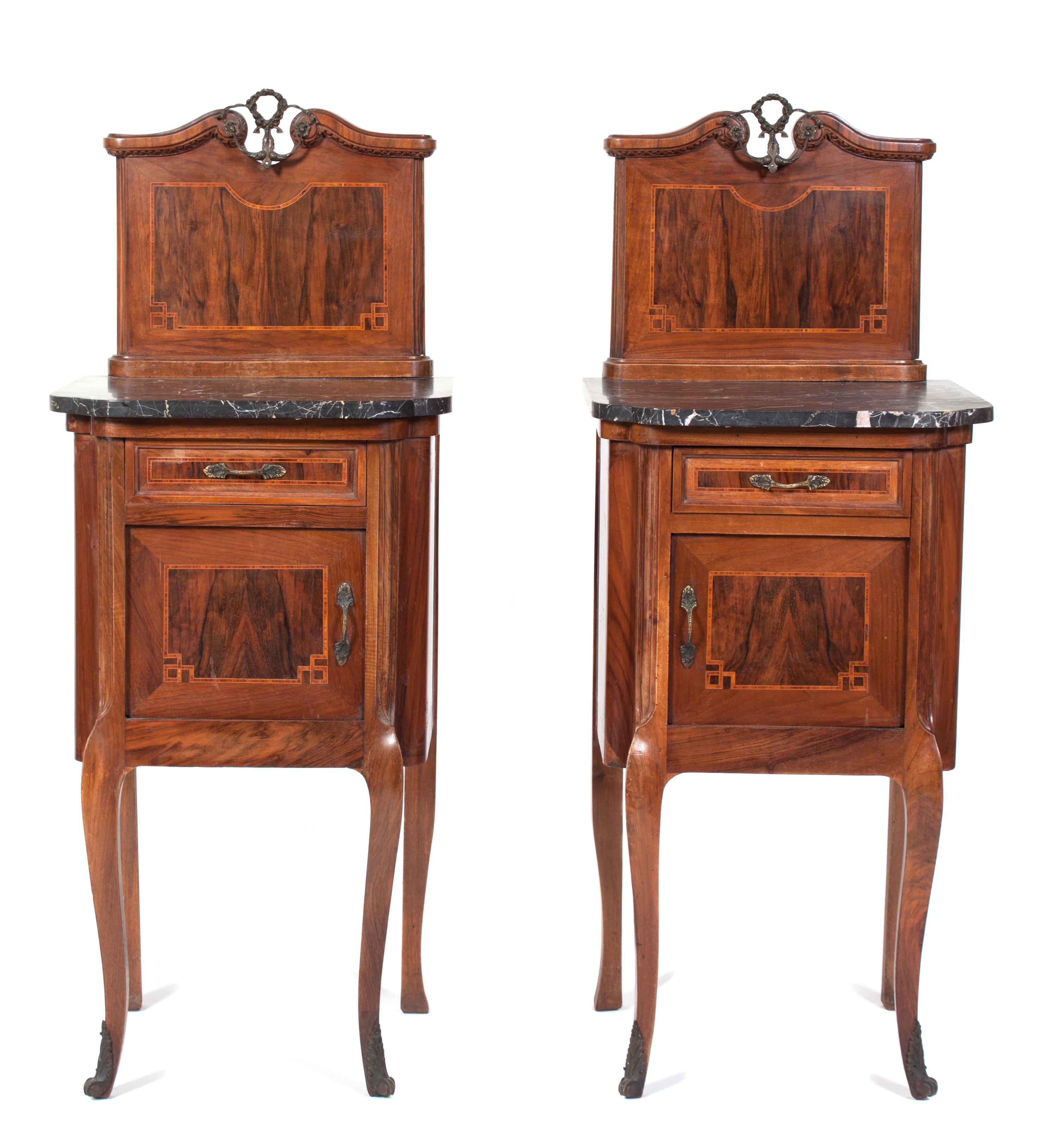 A Pair of Transitional Style Parquetry Bedside Tables Height 47 x width 19 x depth 16 1/2 inches. — 20TH CENTURY