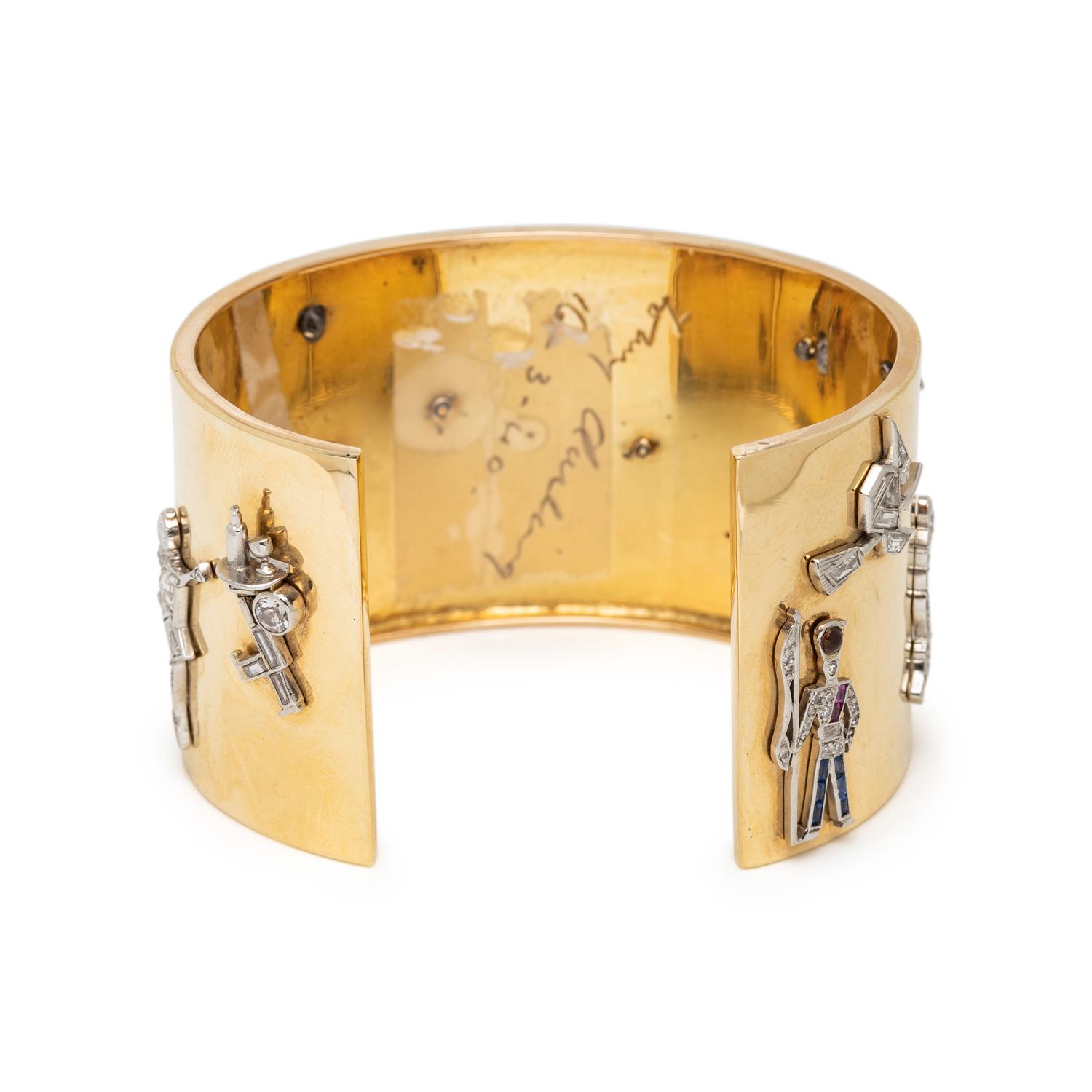 YELLOW GOLD AND ART DECO CHARM CUFF BRACELET