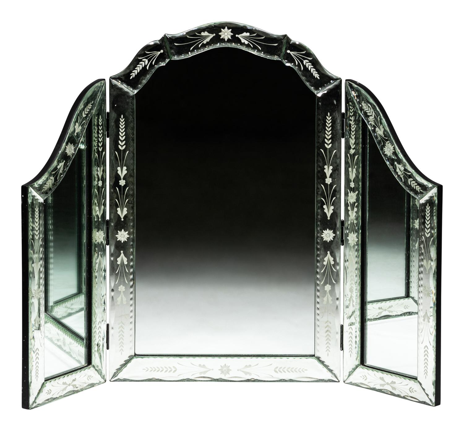 A Venetian Style Etched Glass Trifold Vanity Mirror