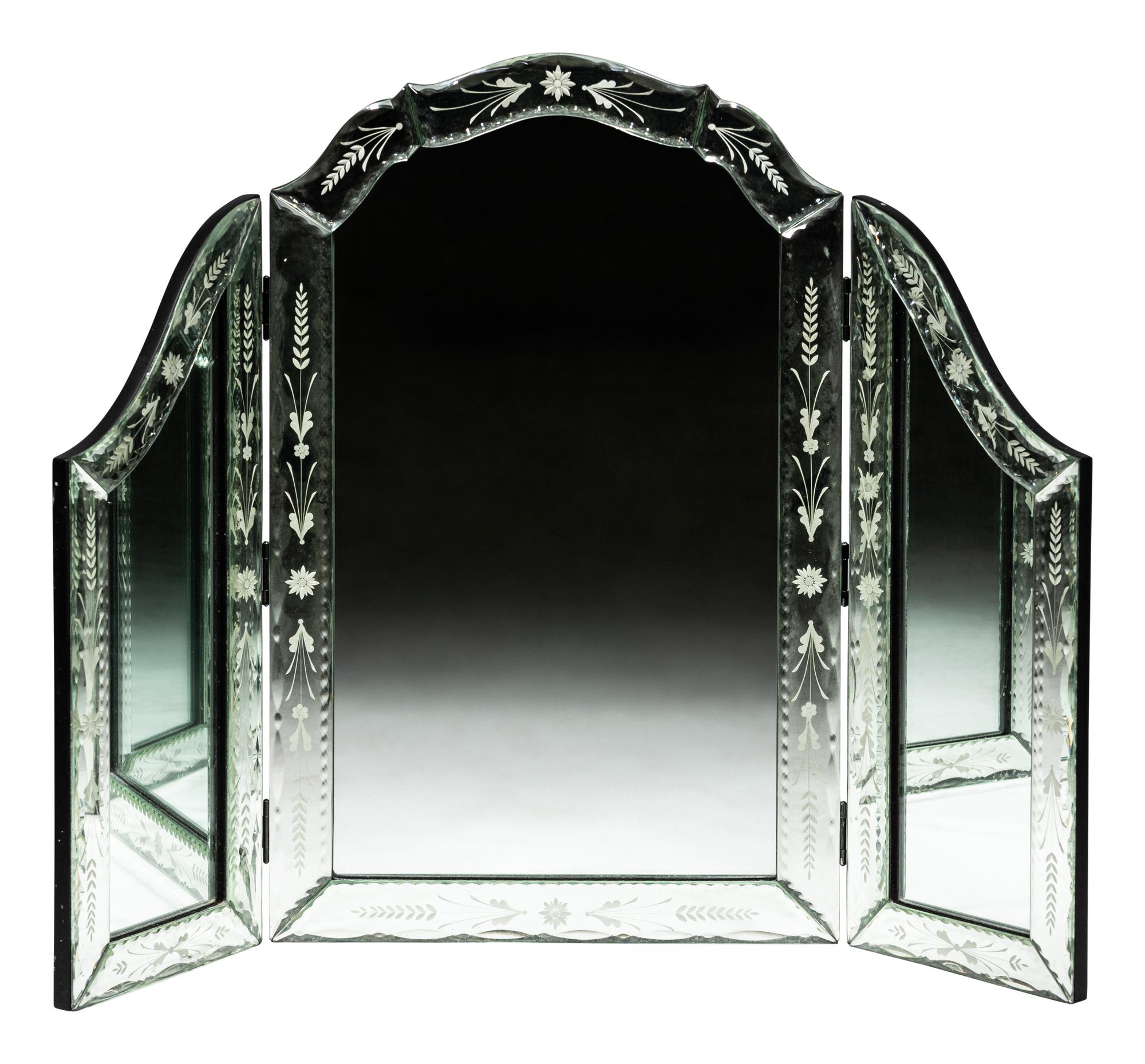 A Venetian Style Etched Glass Trifold Vanity Mirror