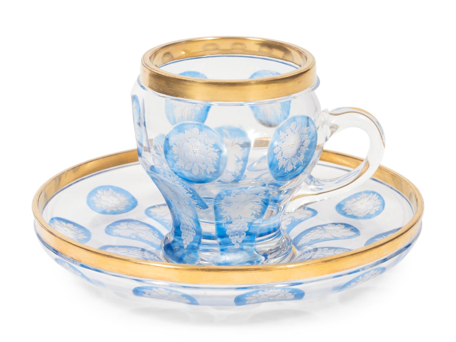 A Bohemian Cobalt Cut-to-Clear Glass Teacup and Saucer