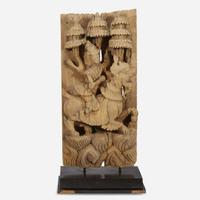 A Burmese carved wood figure of a Nat mounted on a chinthe 缅甸木雕 19th century or earlier ???????