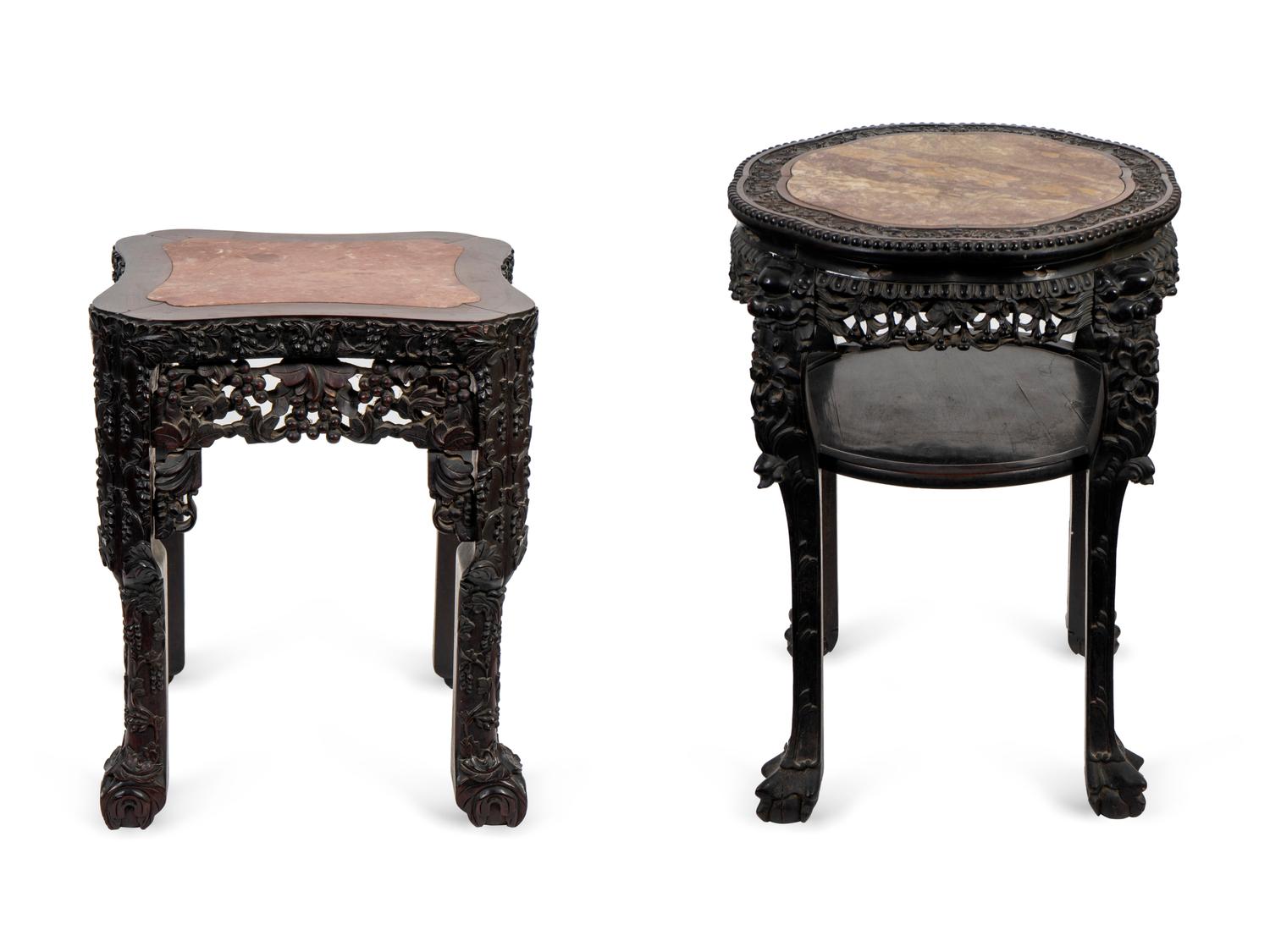 Two Chinese Carved Hardwood Marble Inset Top Tables — LATE 19TH CENTURY