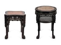 Two Chinese Carved Hardwood Marble Inset Top Tables — LATE 19TH CENTURY