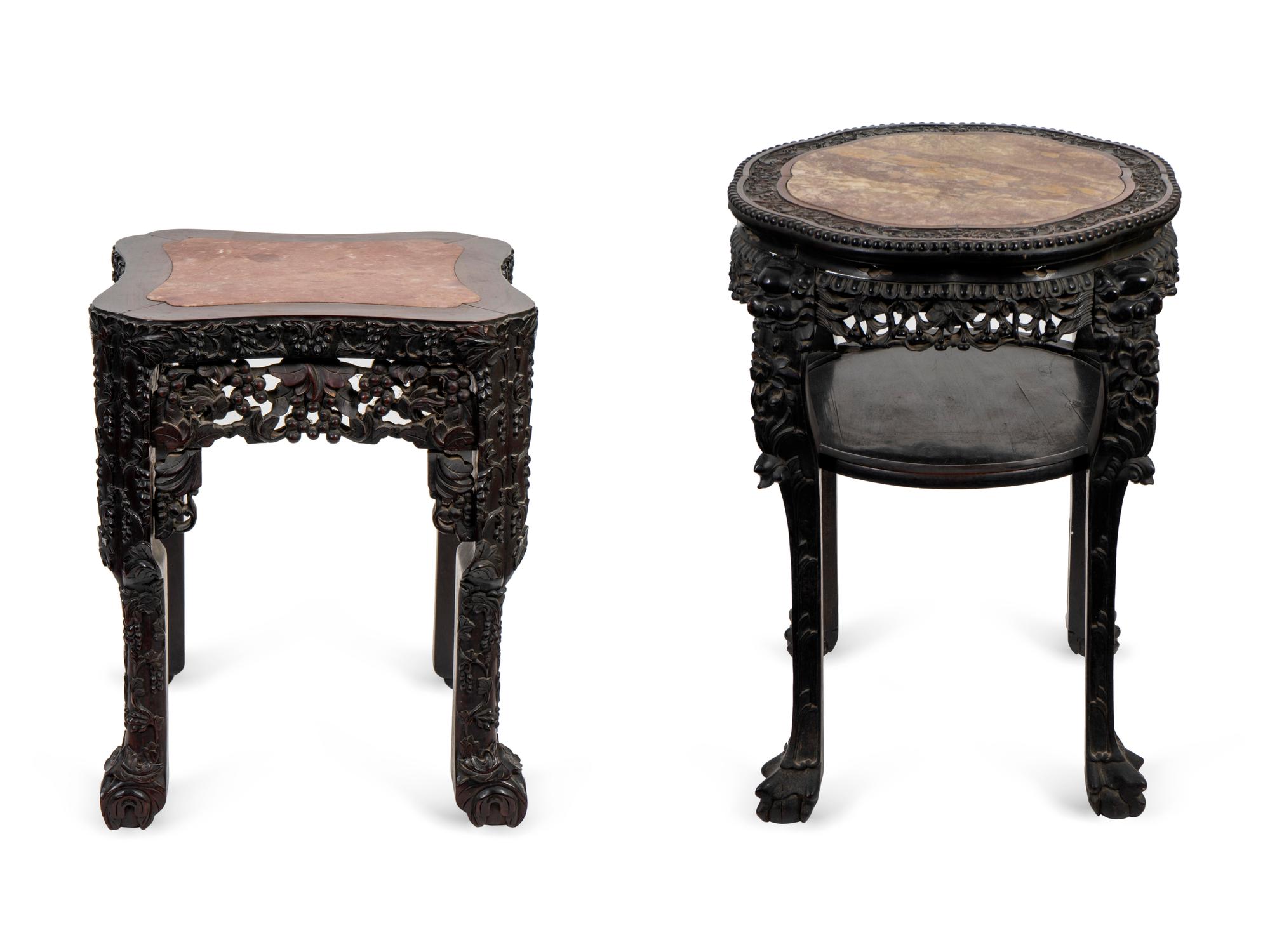 Two Chinese Carved Hardwood Marble Inset Top Tables — LATE 19TH CENTURY