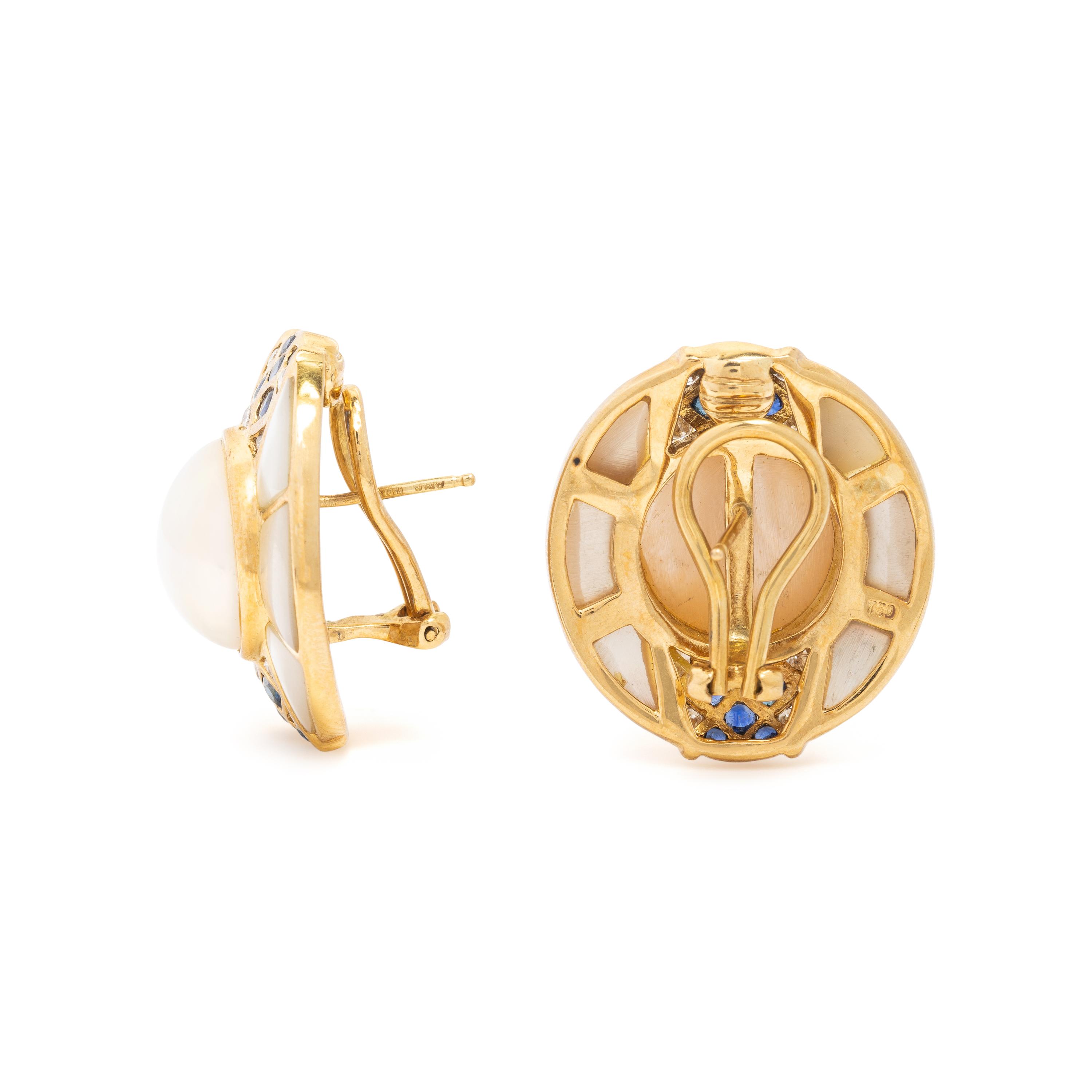 Asprey, Mabé Pearl, Mother-of-Pearl, Sapphire, Diamond, and Yellow Gold Earrings