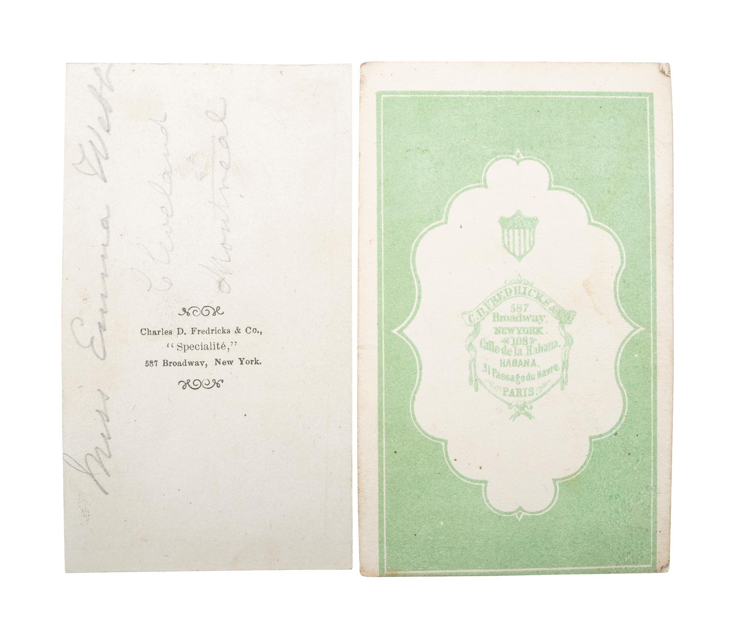 [EARLY PHOTOGRAPHY]. FREDRICKS, C.D., photographer. A group of 2 CDVs of actress Emma Webb, incl. image taken with young African American subject. New York, n.d.
