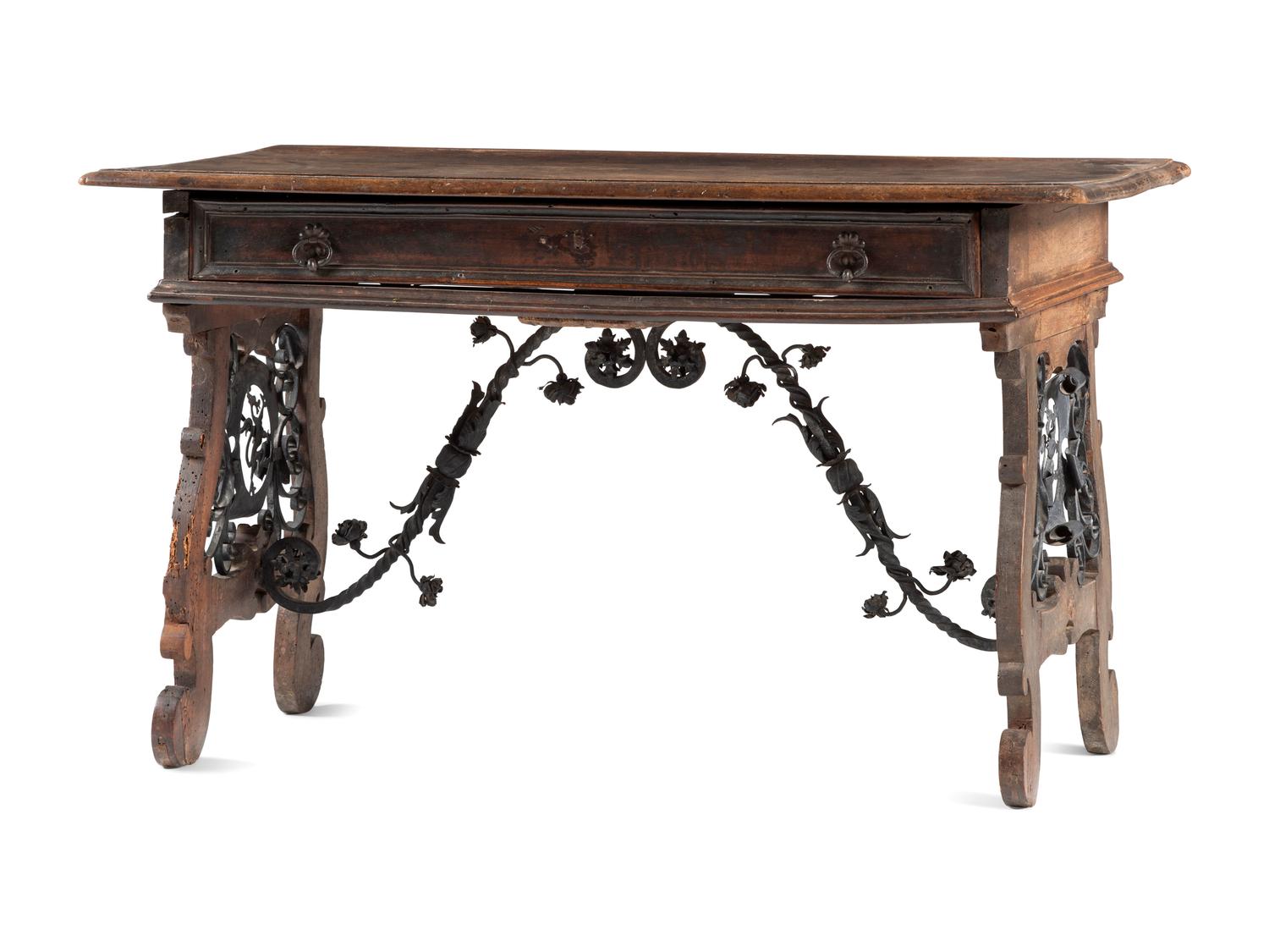 A Spanish Baroque Wrought-Iron Mounted Walnut Library Table