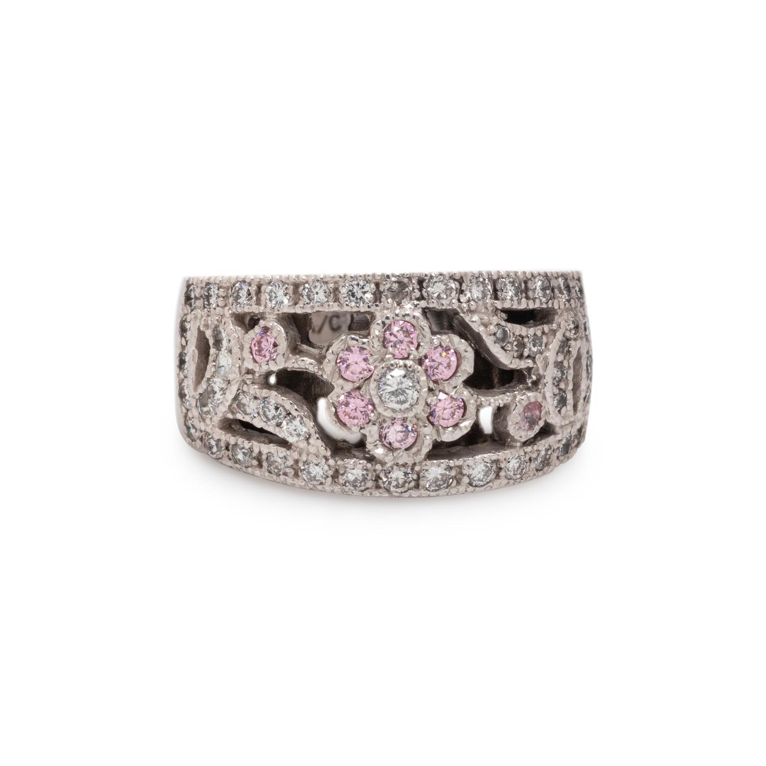 WHITE GOLD, DIAMOND AND PINK STONE RING