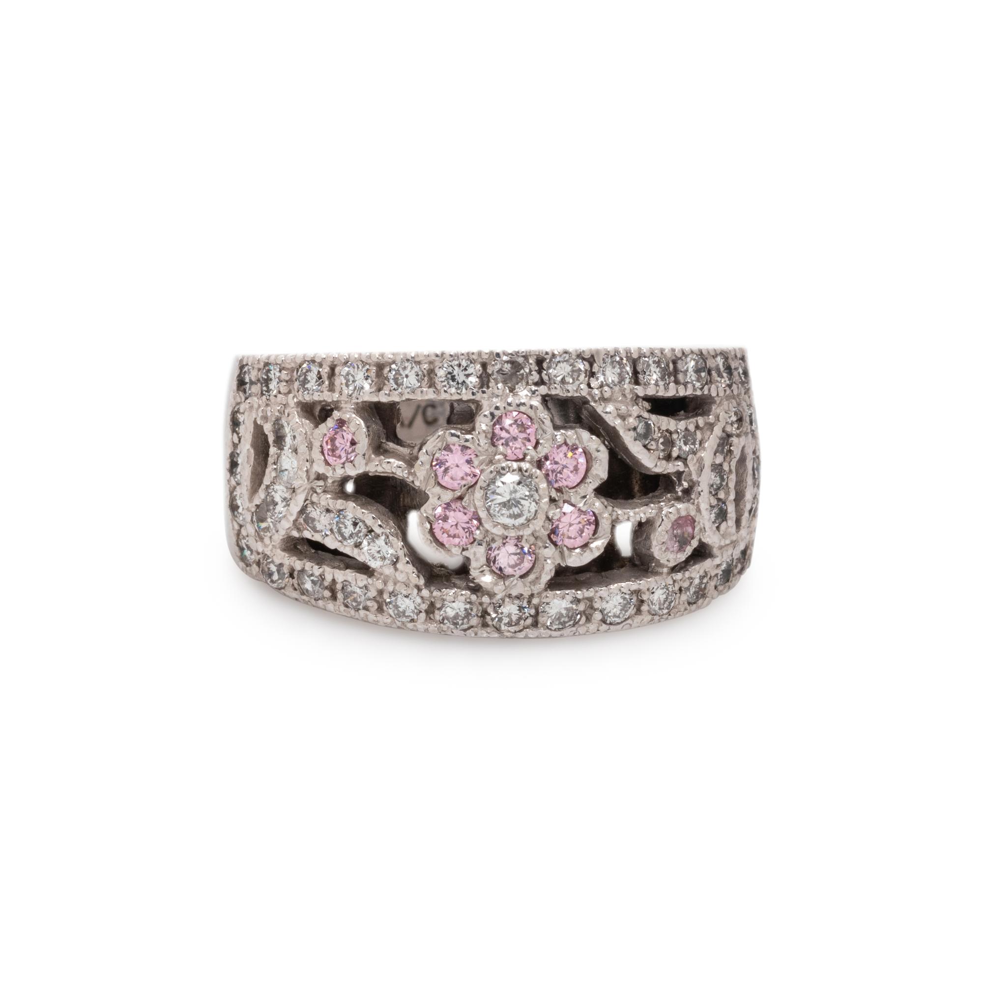 WHITE GOLD, DIAMOND AND PINK STONE RING