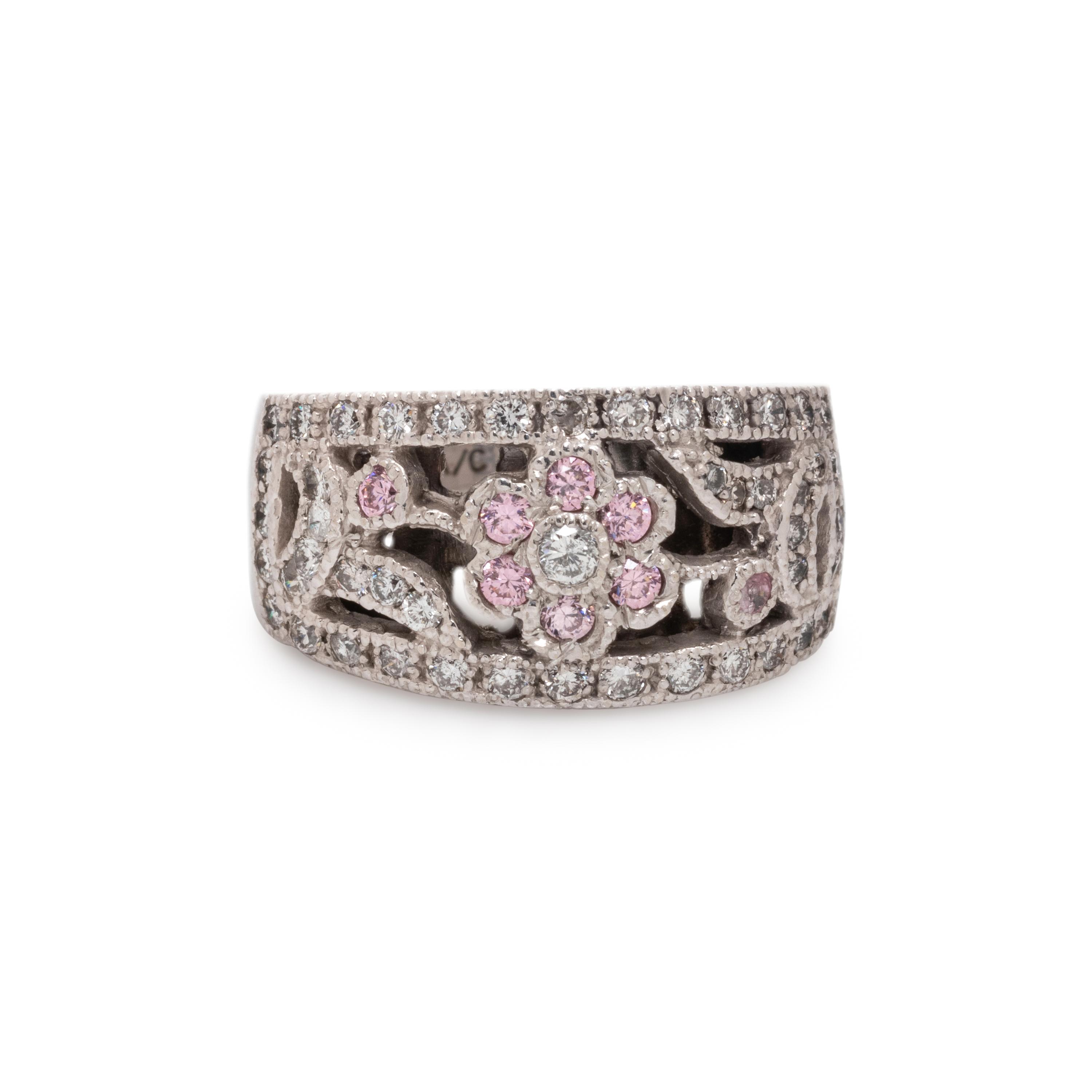 WHITE GOLD, DIAMOND AND PINK STONE RING