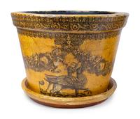 A Pair of English Papier Mache Over Terracotta Planters with Under Trays — 19TH/20TH CENTURY