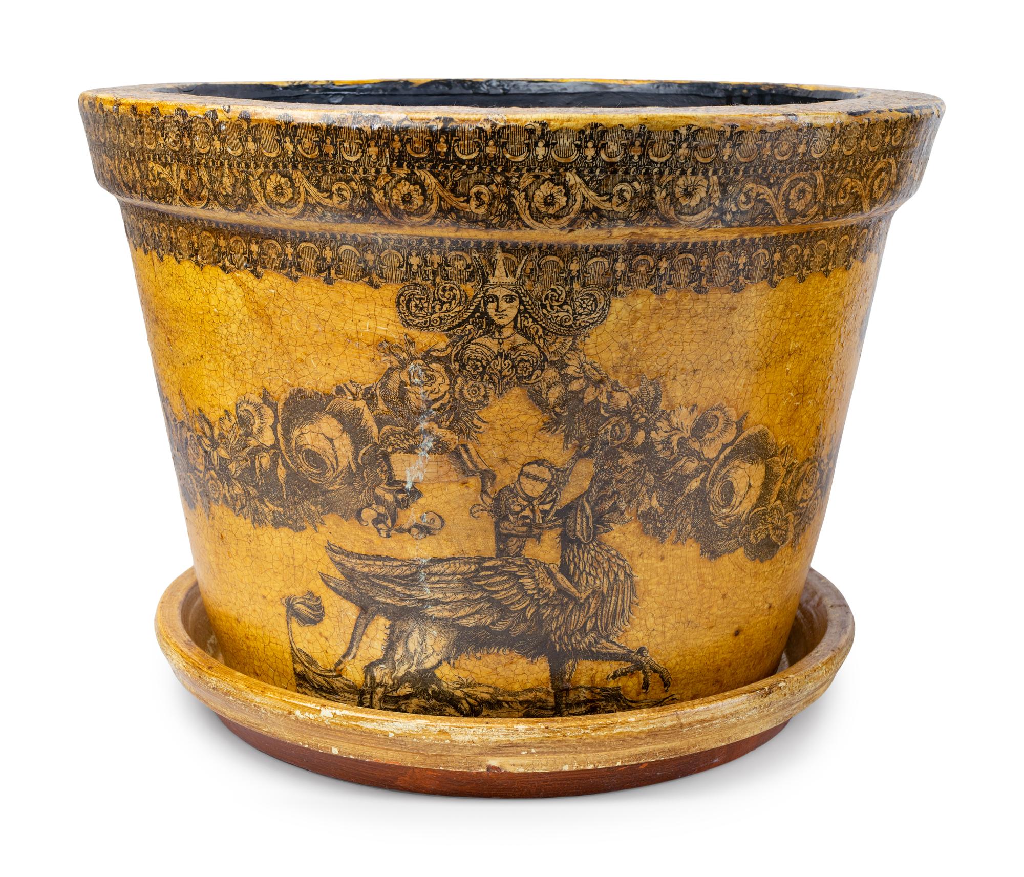 A Pair of English Papier Mache Over Terracotta Planters with Under Trays — 19TH/20TH CENTURY