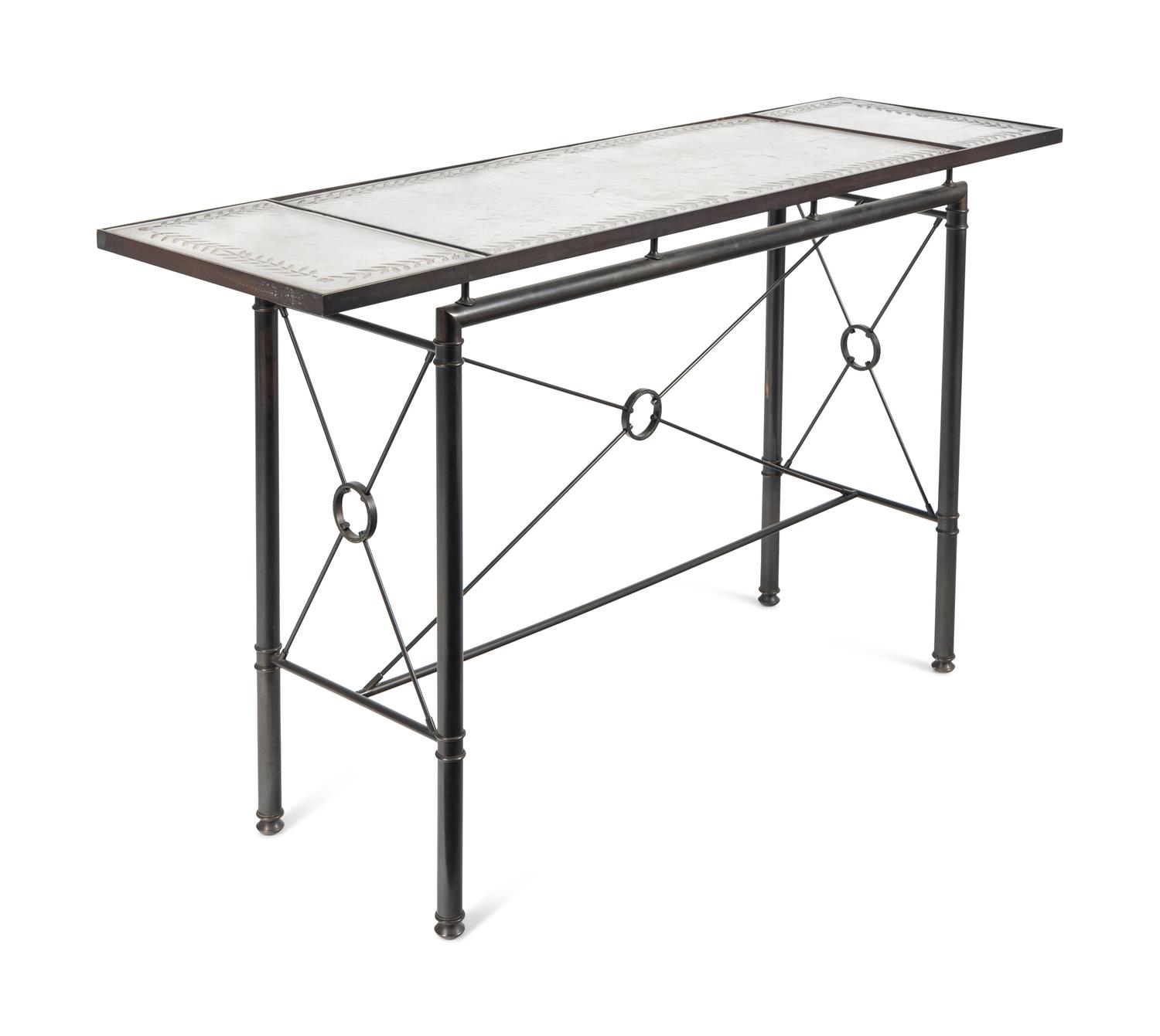 A Pair of Etched Glass-Top Patinated Metal Console Tables