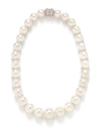 A White Gold, Diamond and Graduated Cultured South Sea Pearl Necklace,