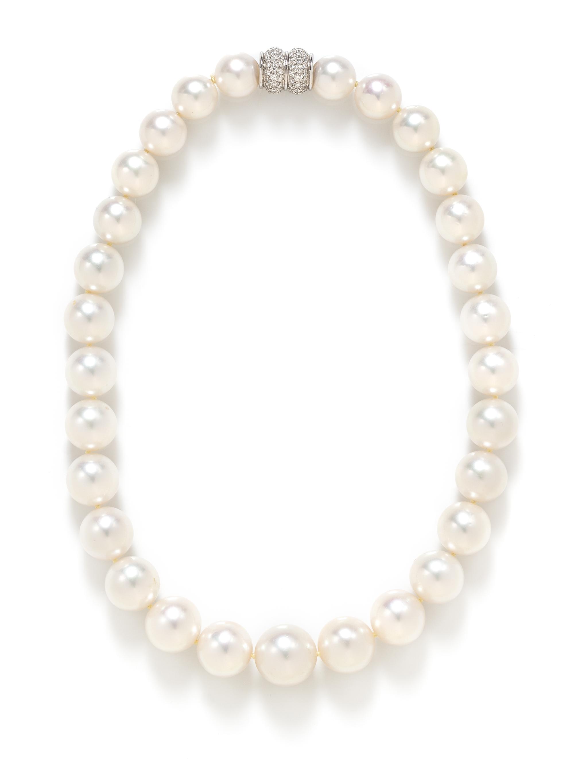 A White Gold, Diamond and Graduated Cultured South Sea Pearl Necklace,